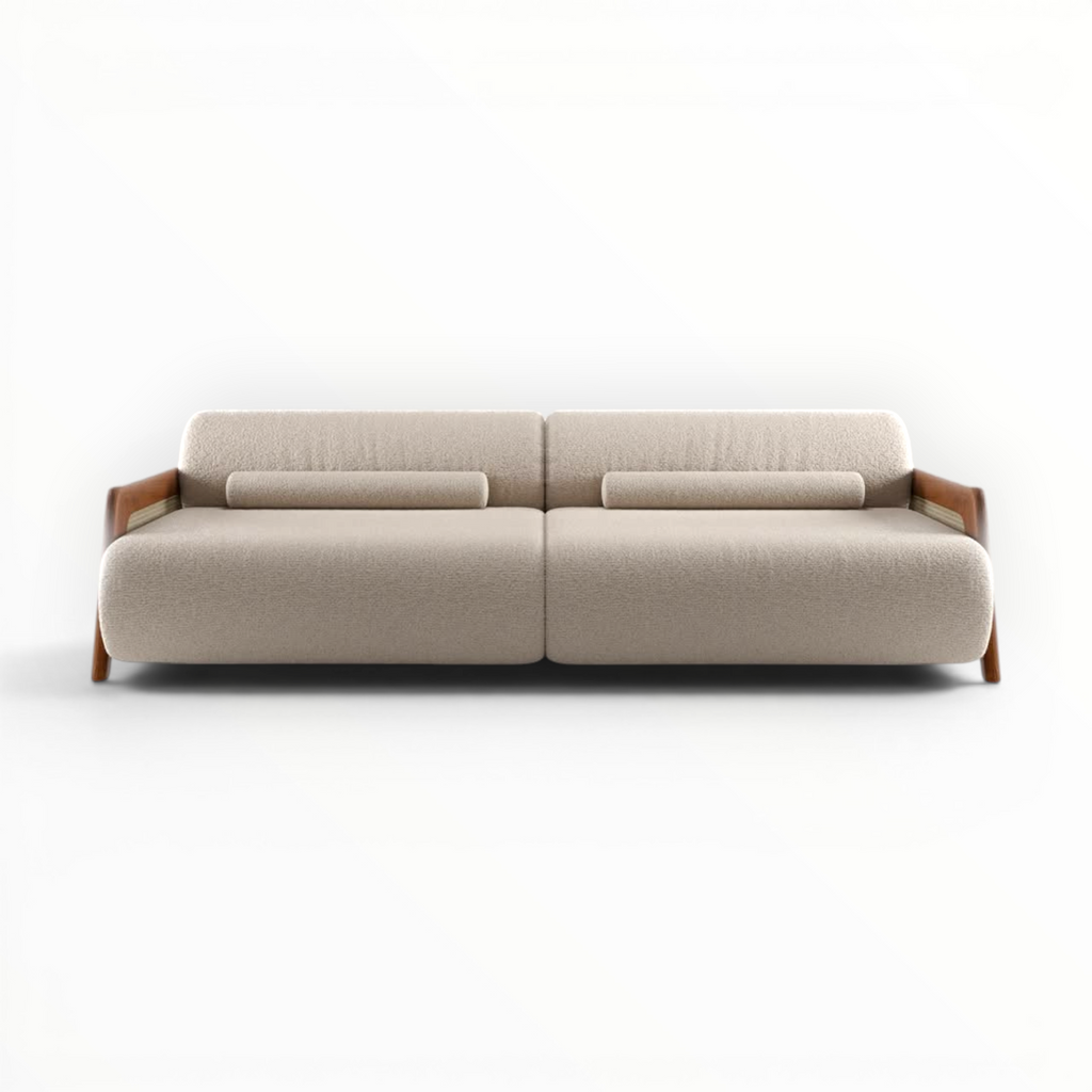 Beige sofa with wooden armrests on a white background