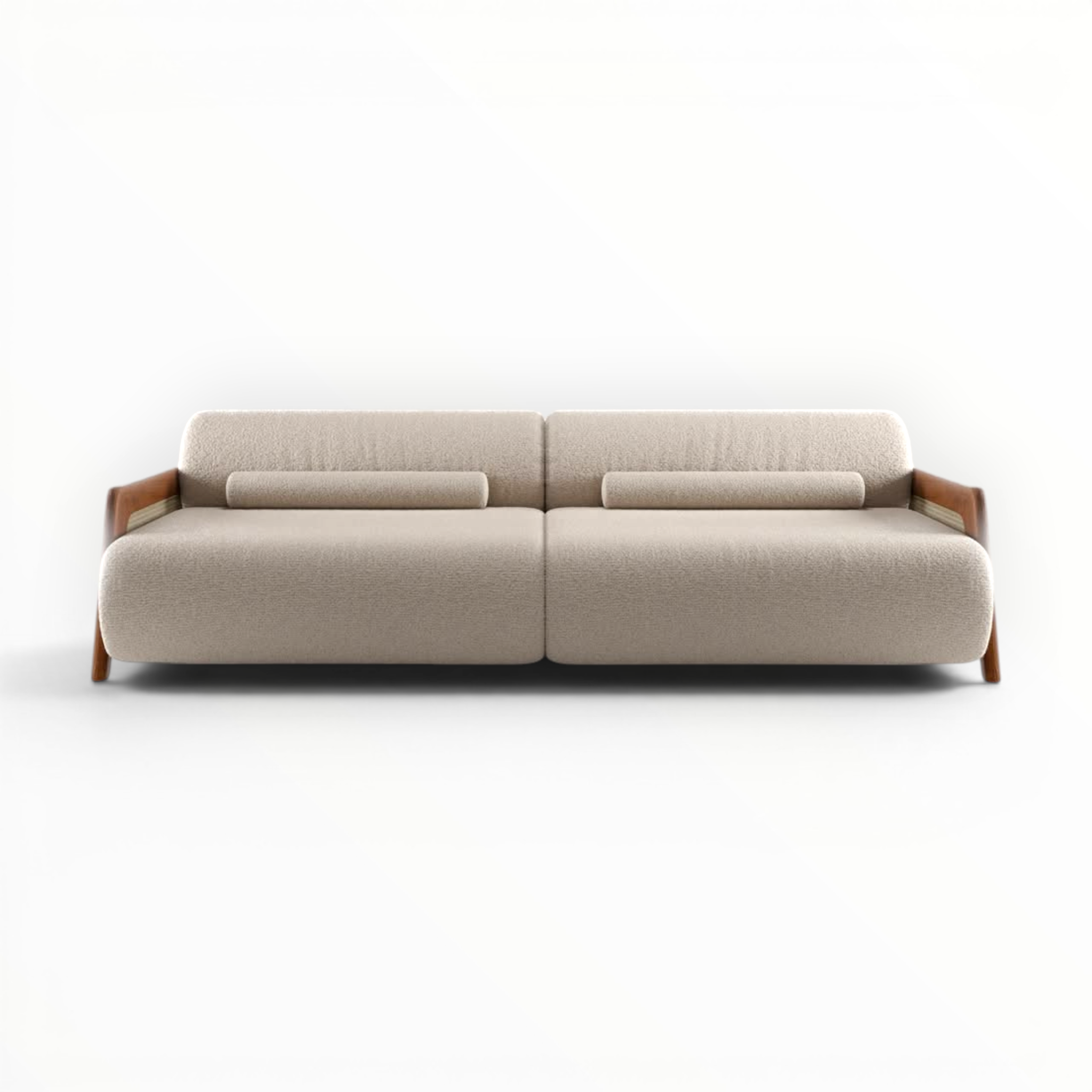 Beige sofa with wooden armrests on a white background