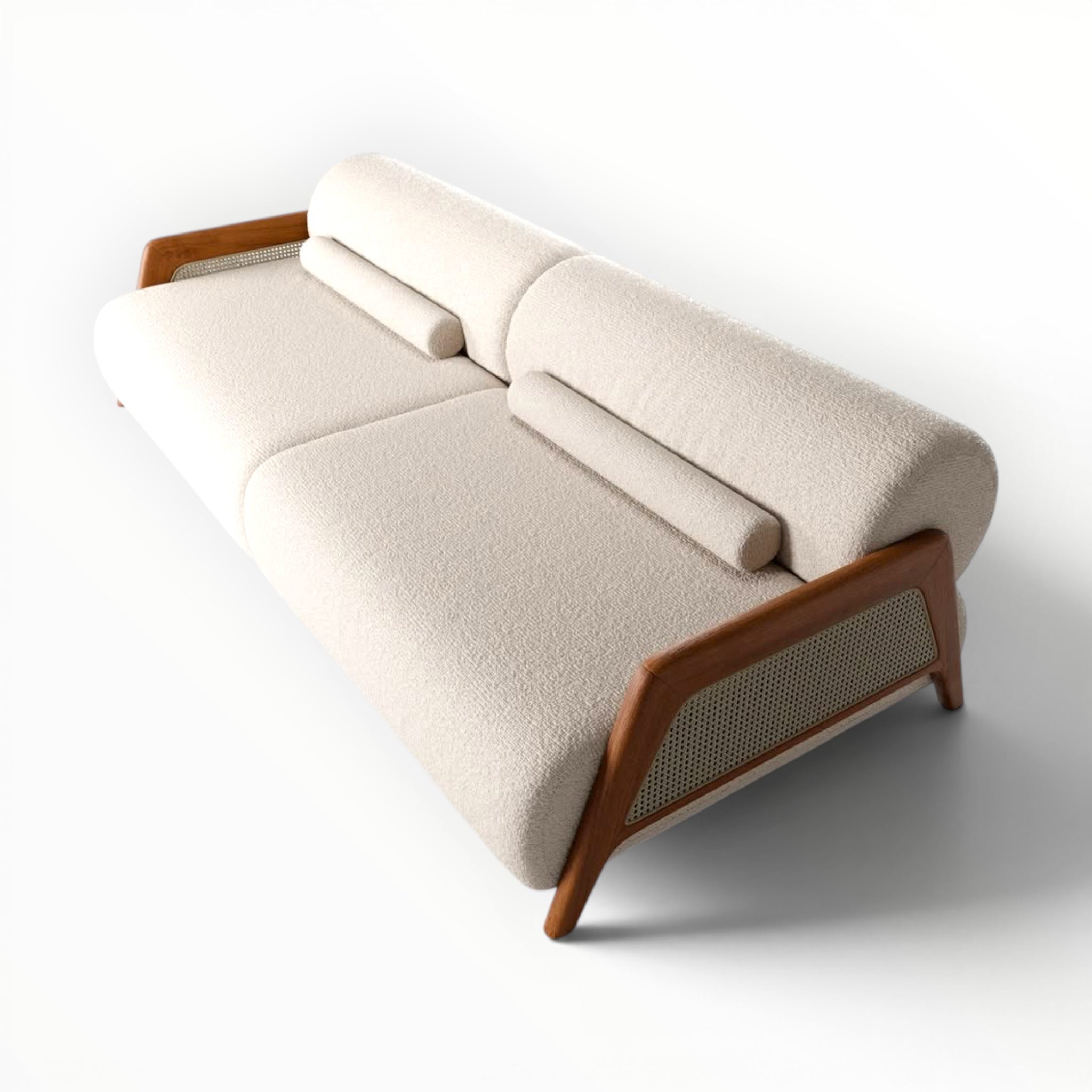 Beige sofa with wooden armrests on a white background