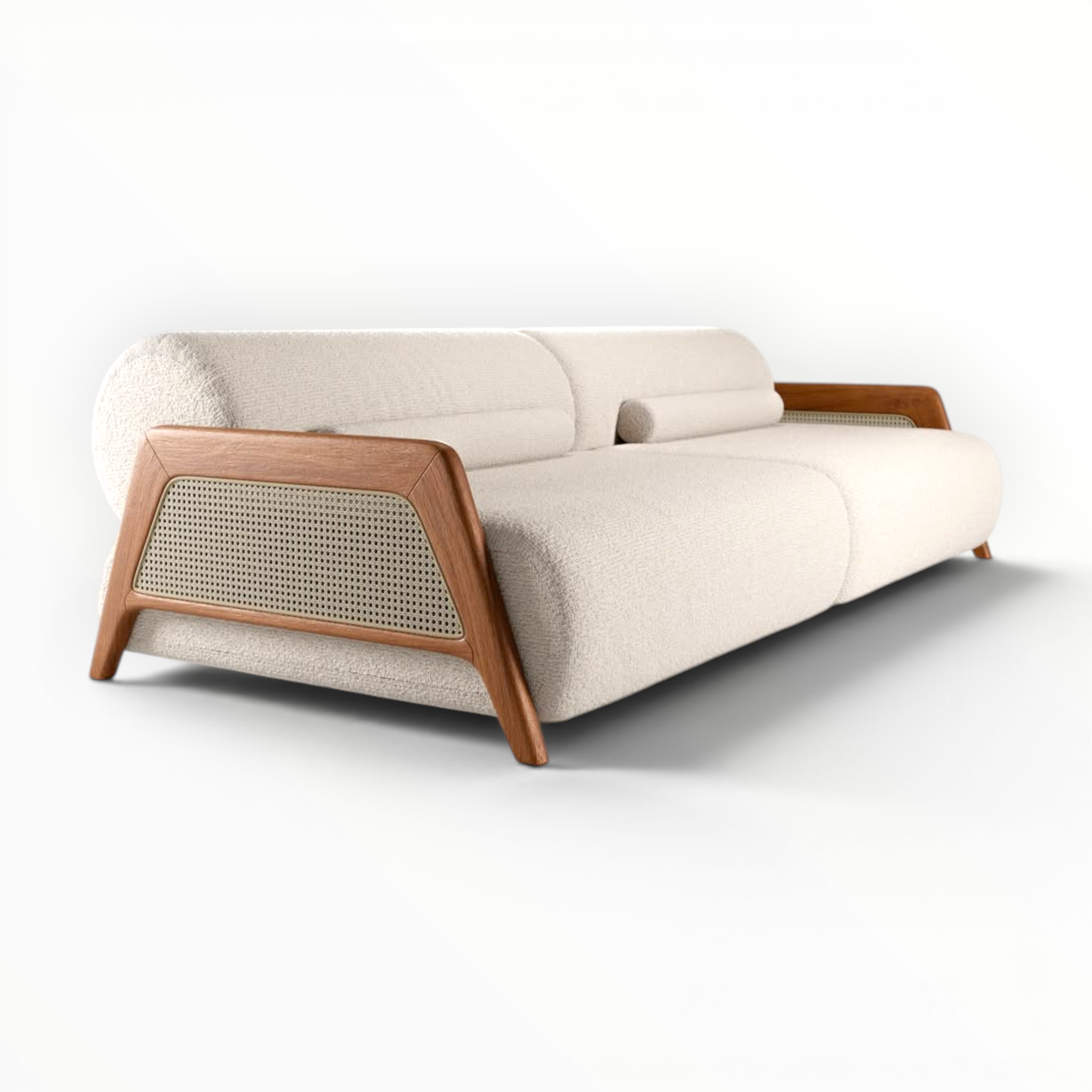 Beige sofa with wooden armrests on a white background