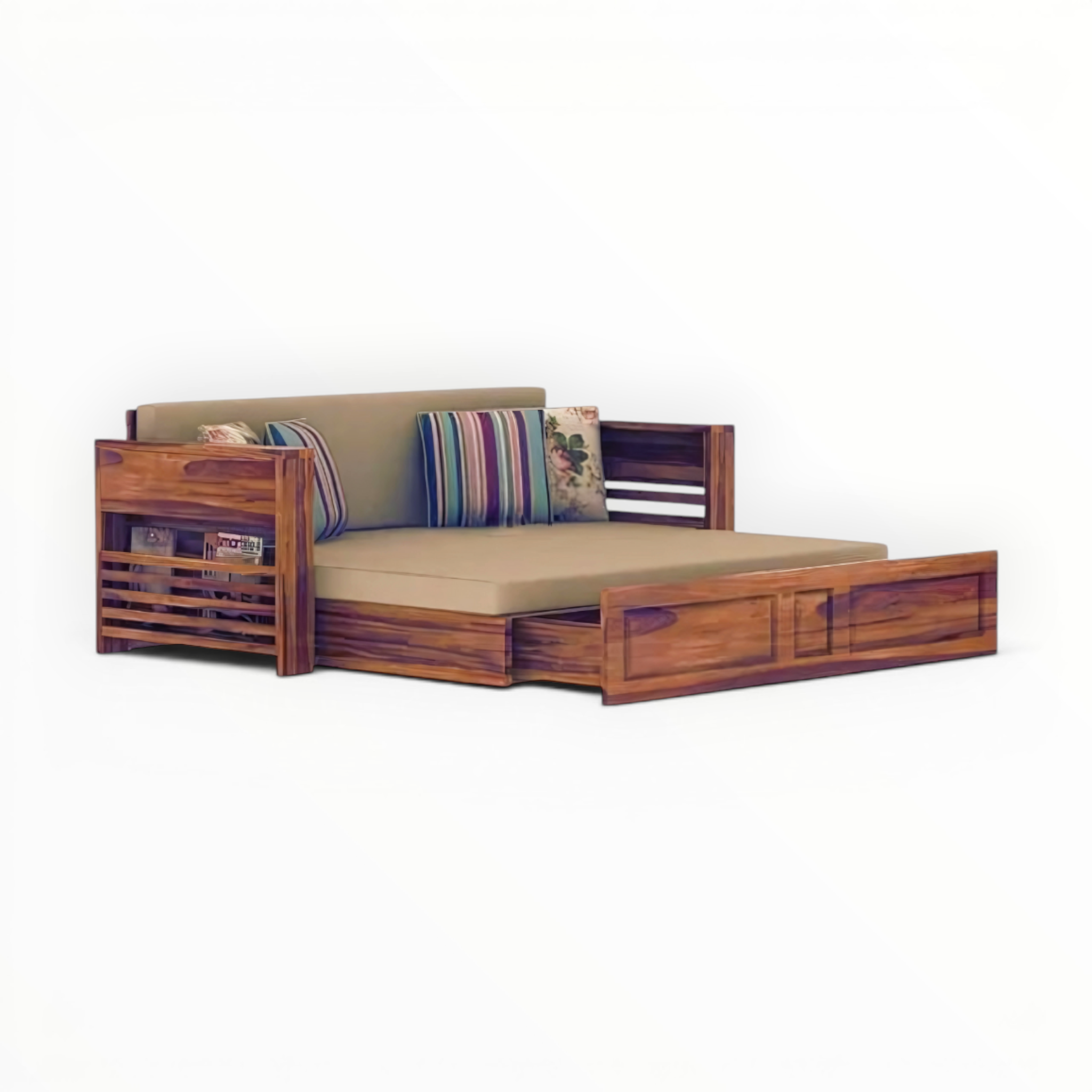 Wooden sofa bed with cushions on a white background