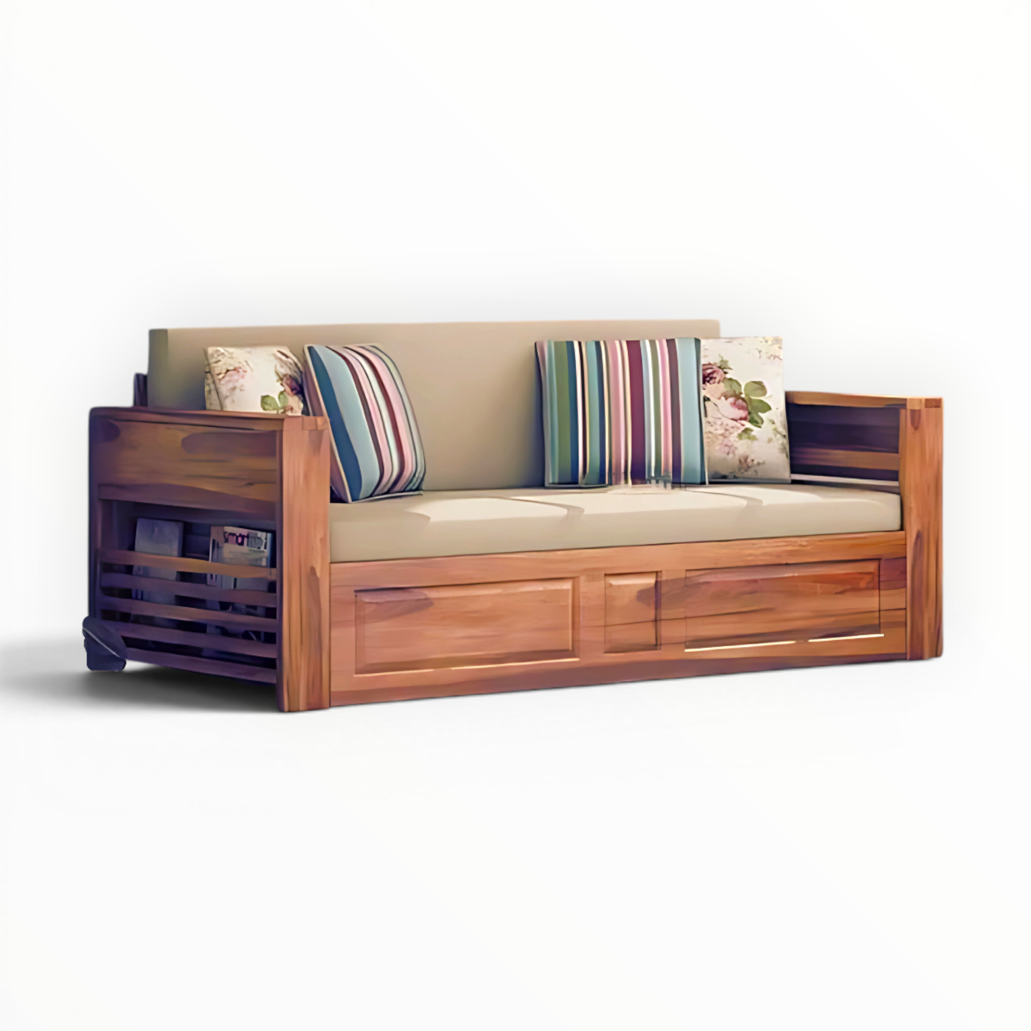 Wooden sofa with striped cushions on a white background