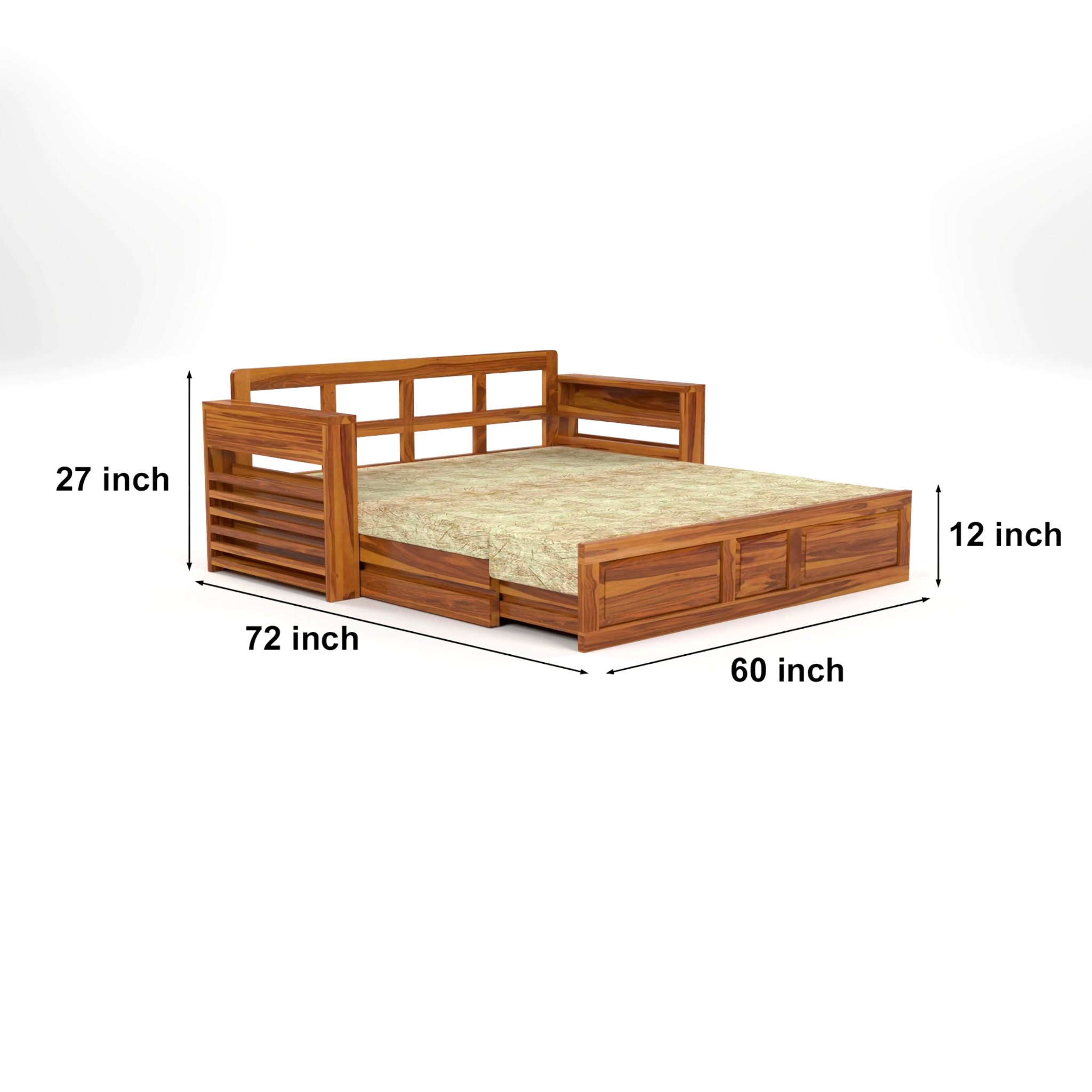 Wooden bed with dimensions labeled on a white background