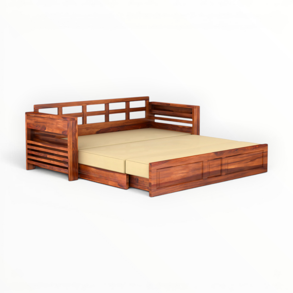 Wooden sofa bed with beige mattress on a white background