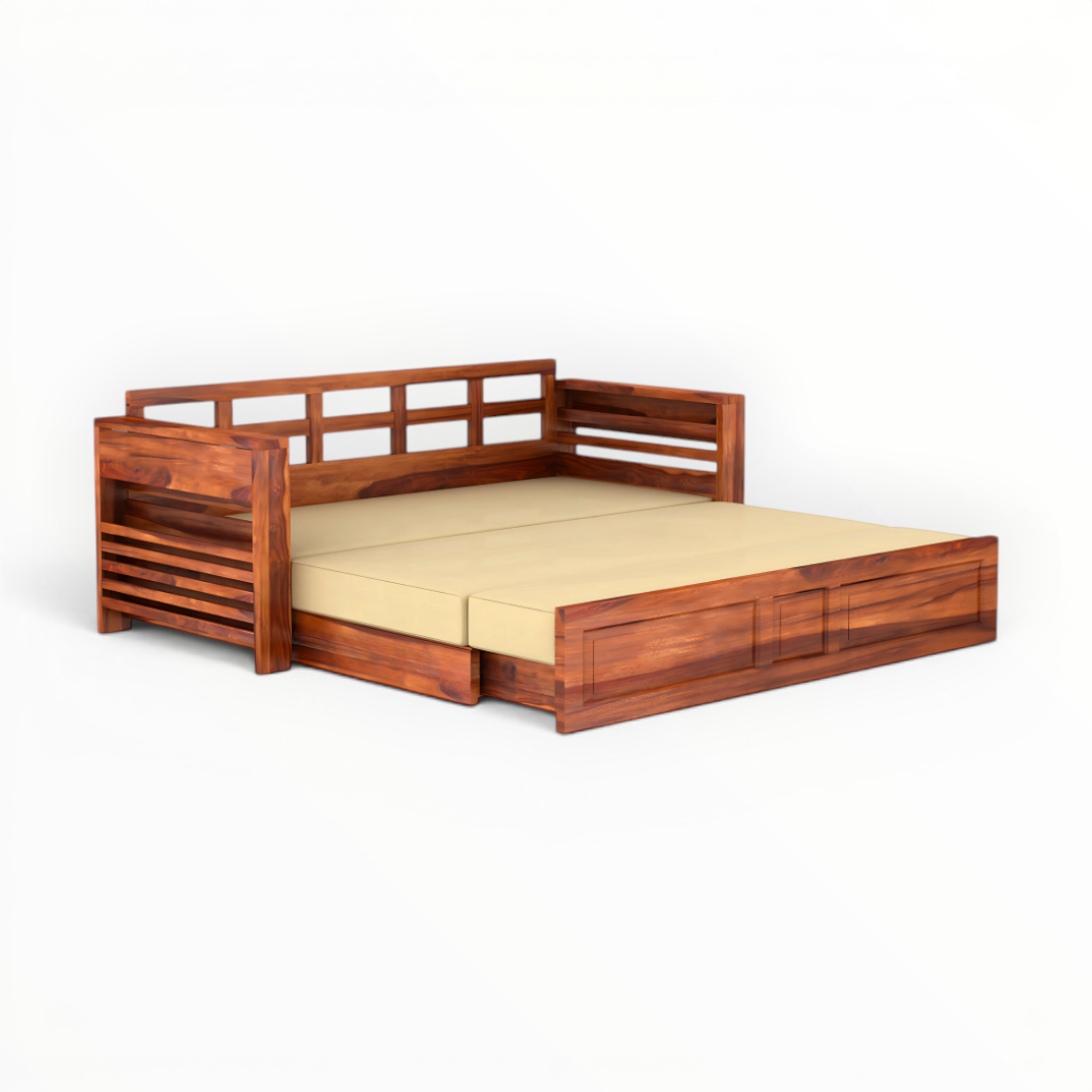 Wooden sofa bed with beige mattress on a white background
