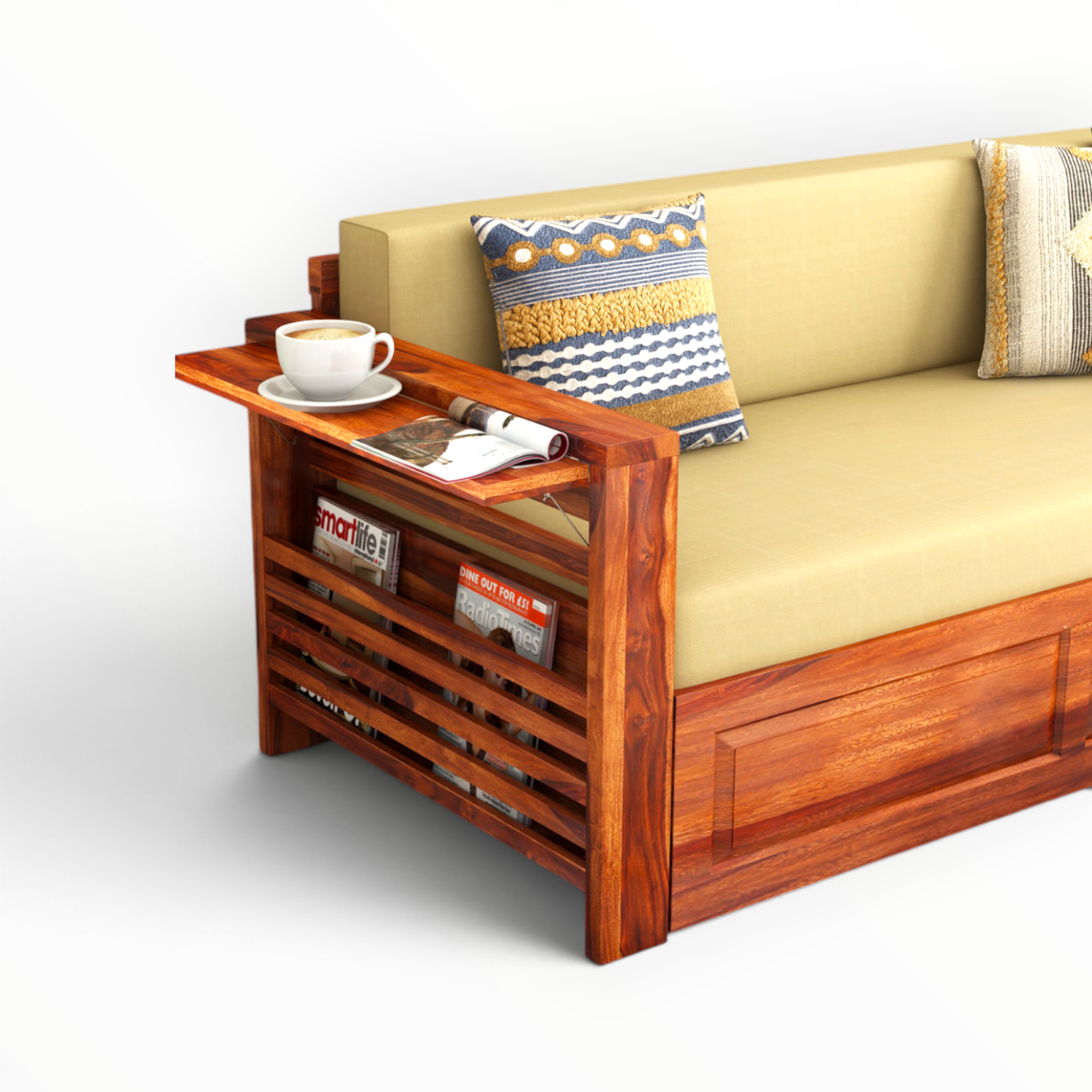 Sofa with wooden side table and cushions on a white background