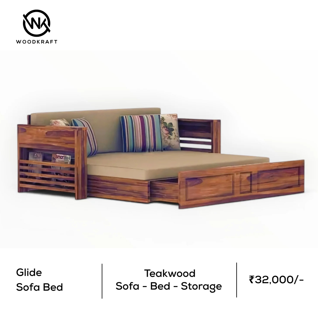 Glide | Teakwood Sofa Cum Bed with Trolley Storage