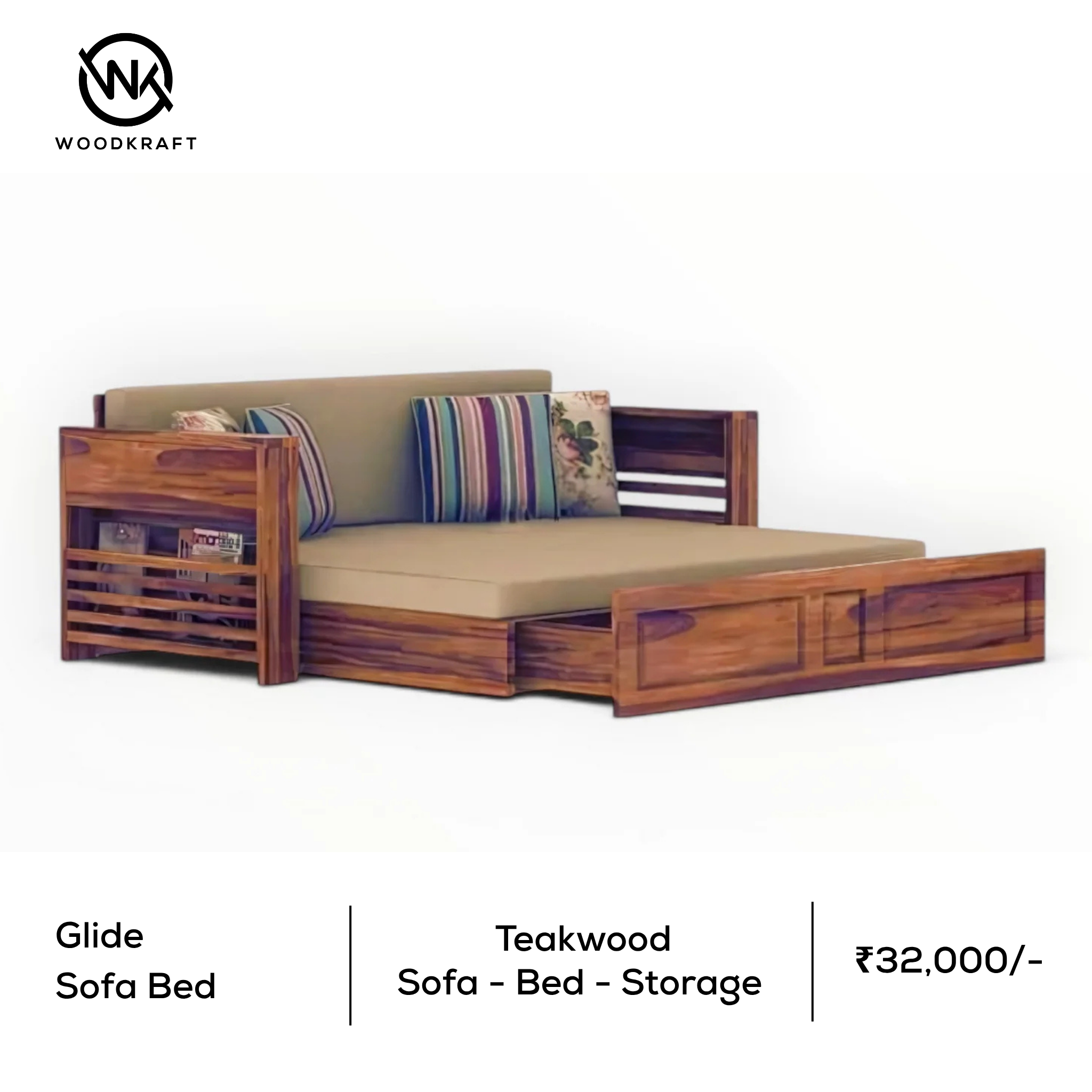 Glide | Teakwood Sofa Cum Bed with Trolley Storage