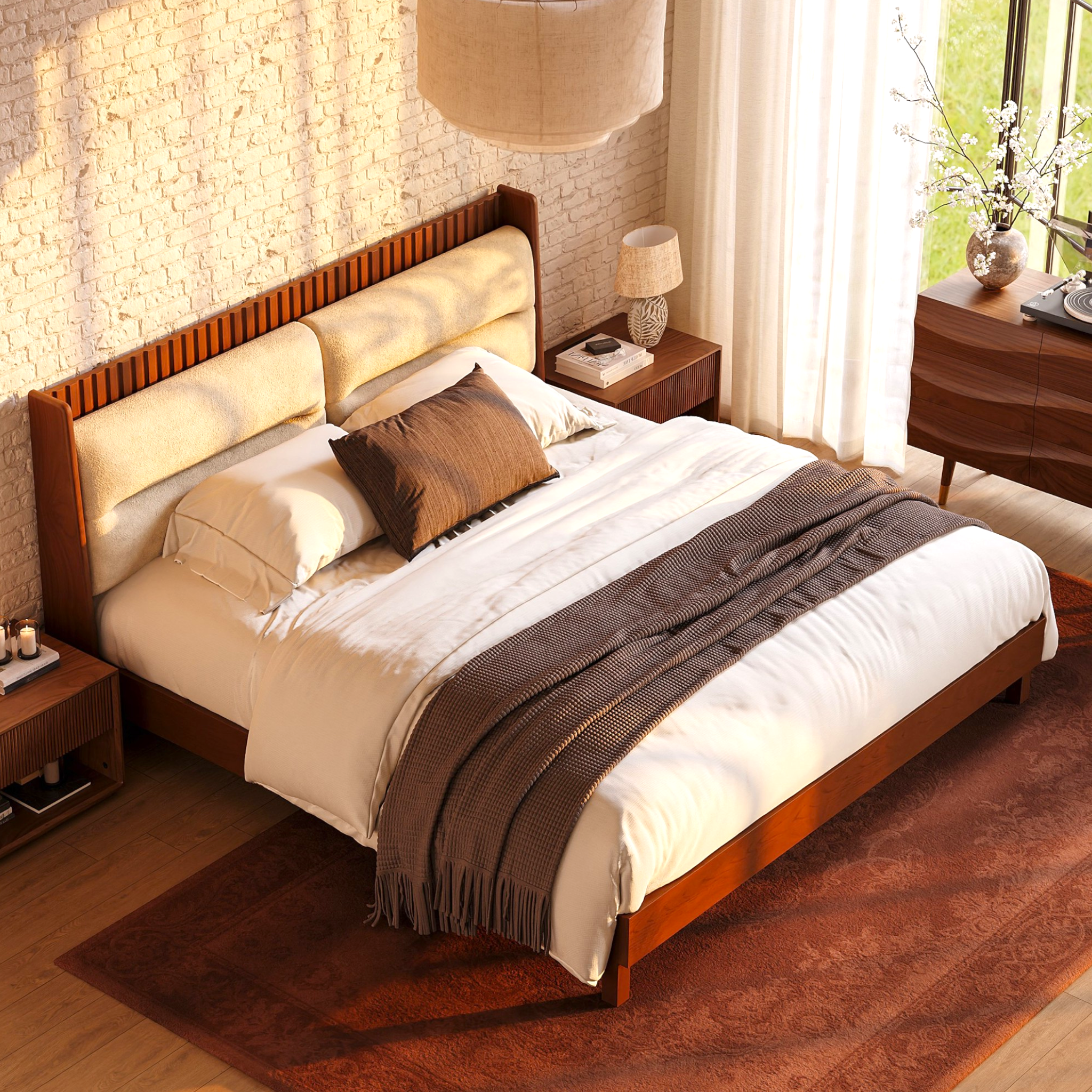 Modern bedroom with a bed, nightstands, and a lamp.