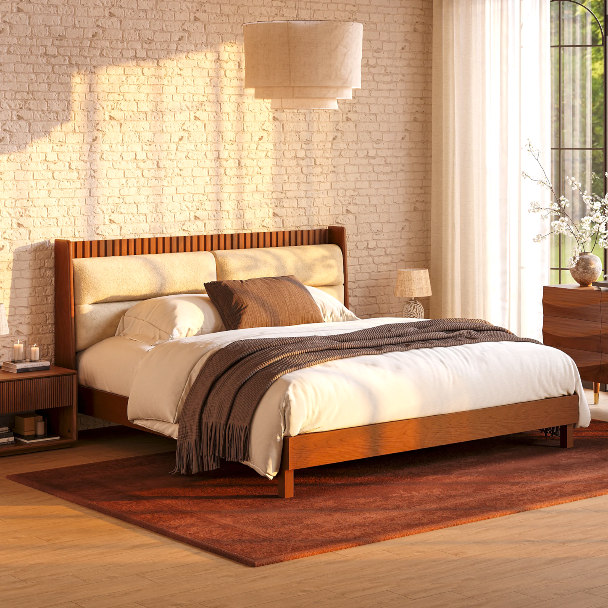 Wooden bed with white bedding in a bedroom setting with brick wall and window.