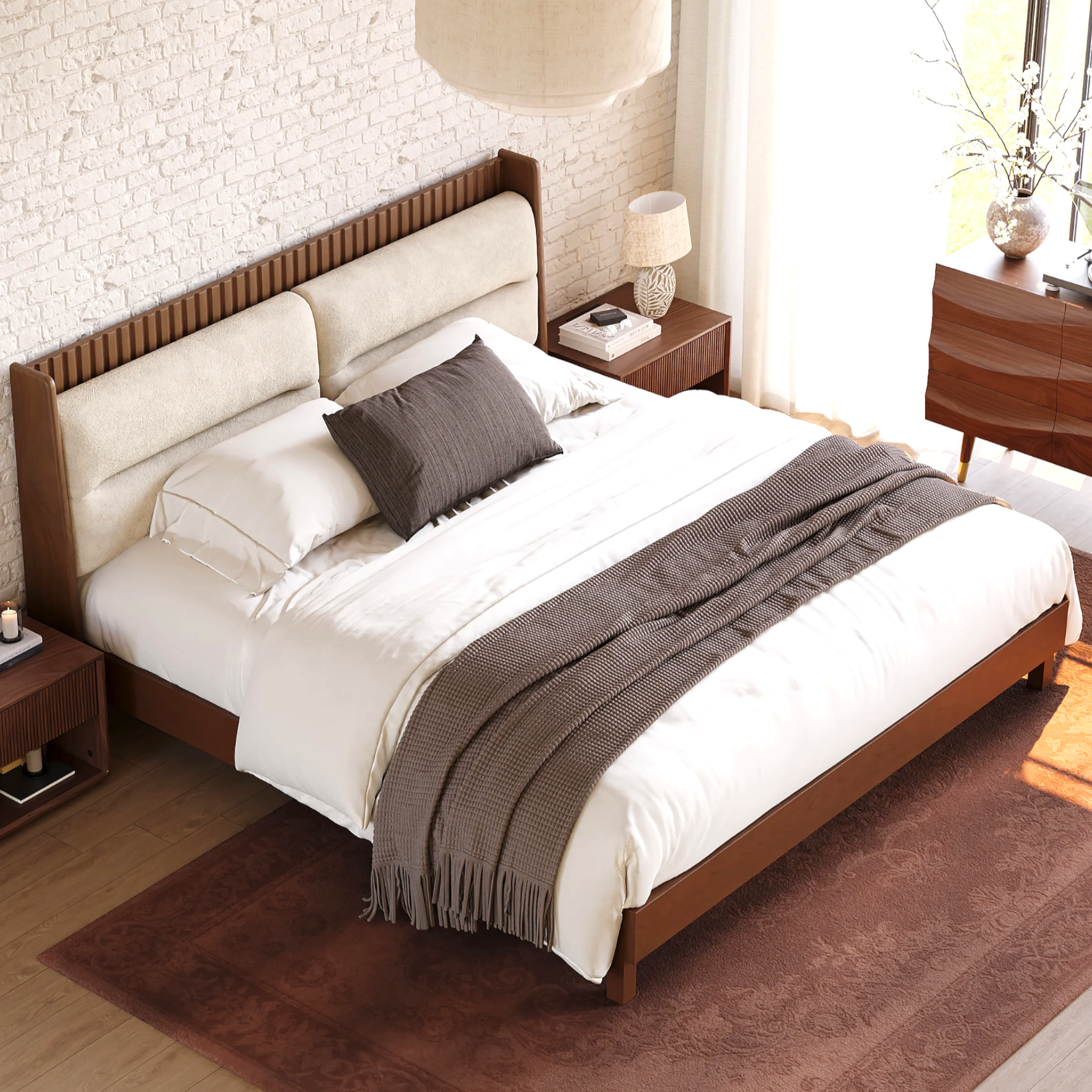 Modern bedroom with a wooden bed and side tables.