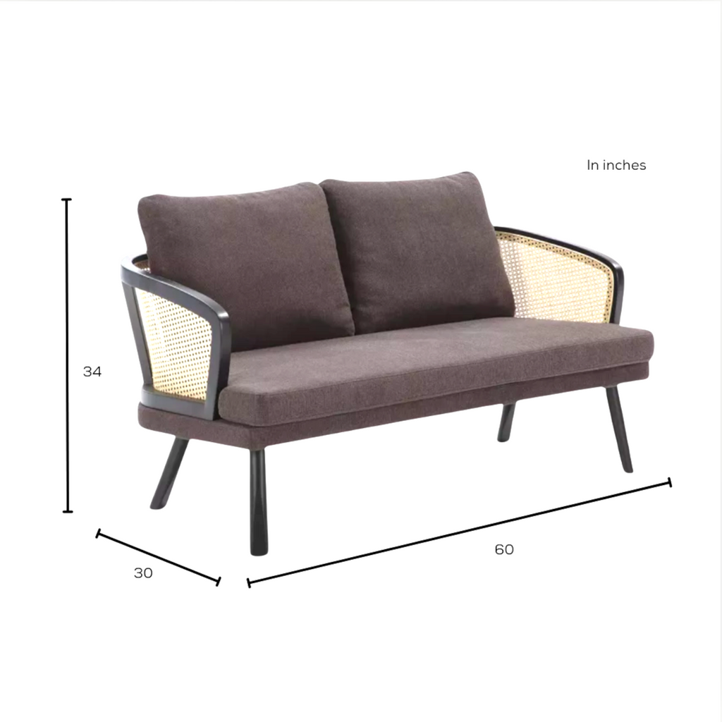 Measurement chart of a brown outdoor sofa with dimensions labeled in inches.