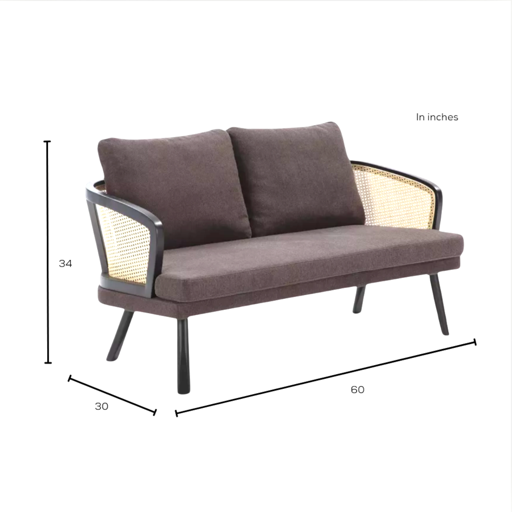 Measurement chart of a brown outdoor sofa with dimensions labeled in inches.