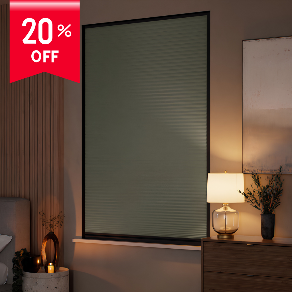 Window with blinds in a room with a 20% off sign
