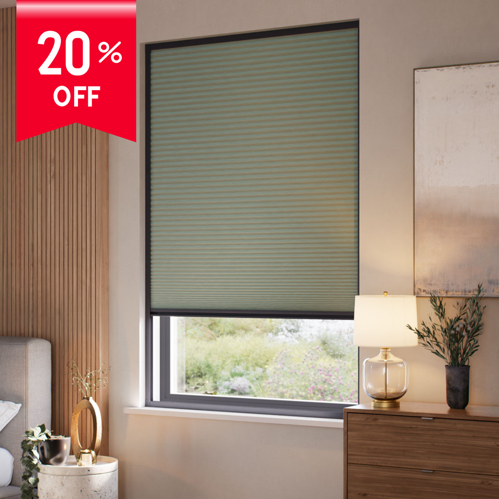 Window with green blinds in a room with a lamp and plant, featuring a 20% off banner.