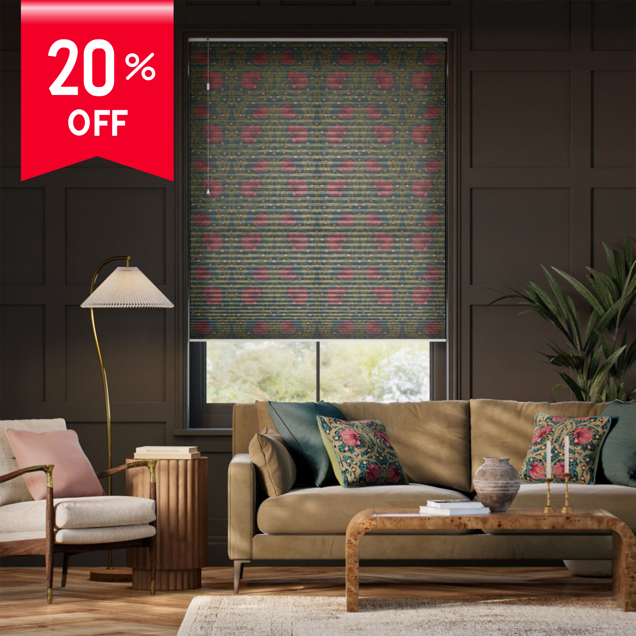 Living room with a patterned roller blind, sofa, and decorative pillows, featuring a 20% off discount banner.