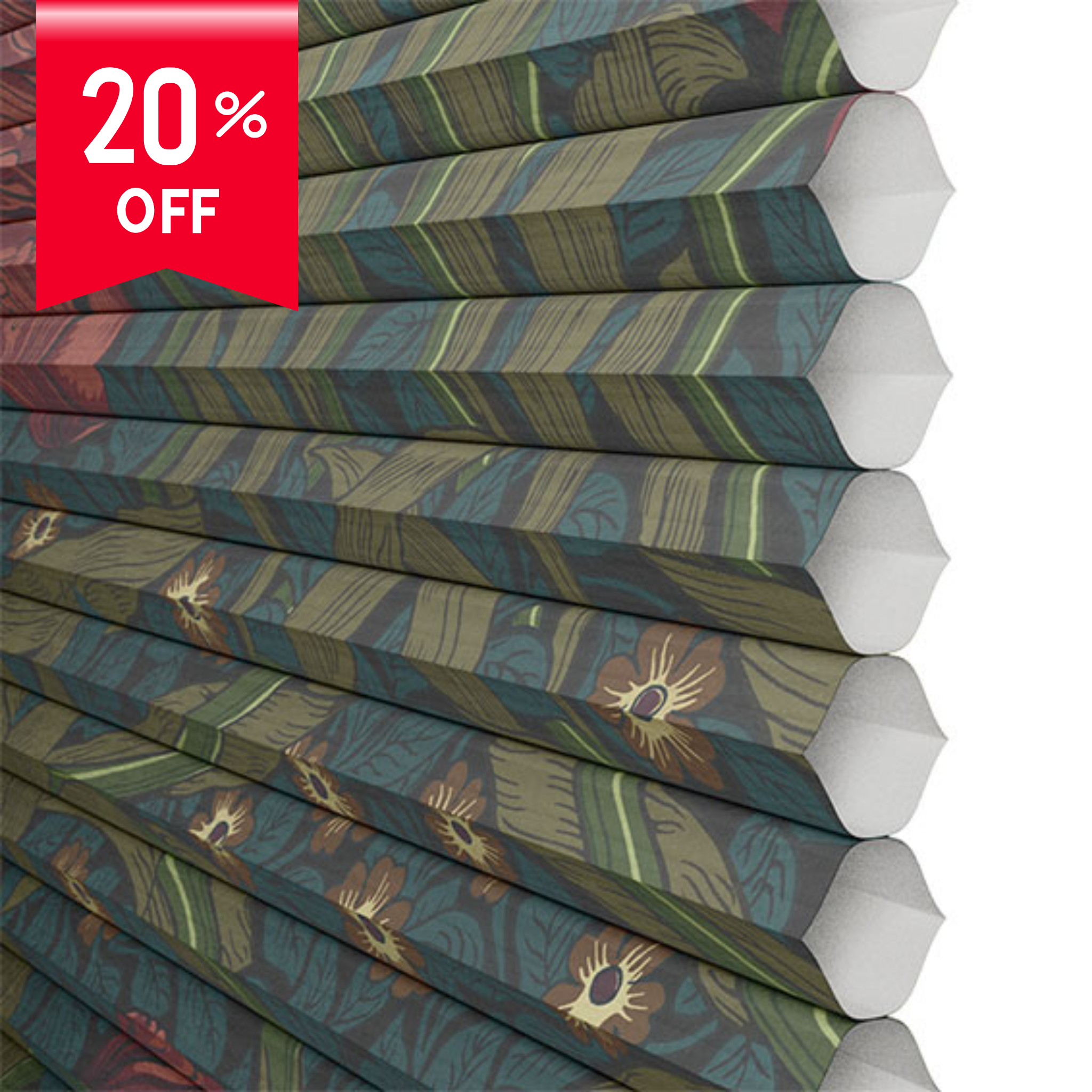Stack of patterned boxes with a 20% off label on a white background
