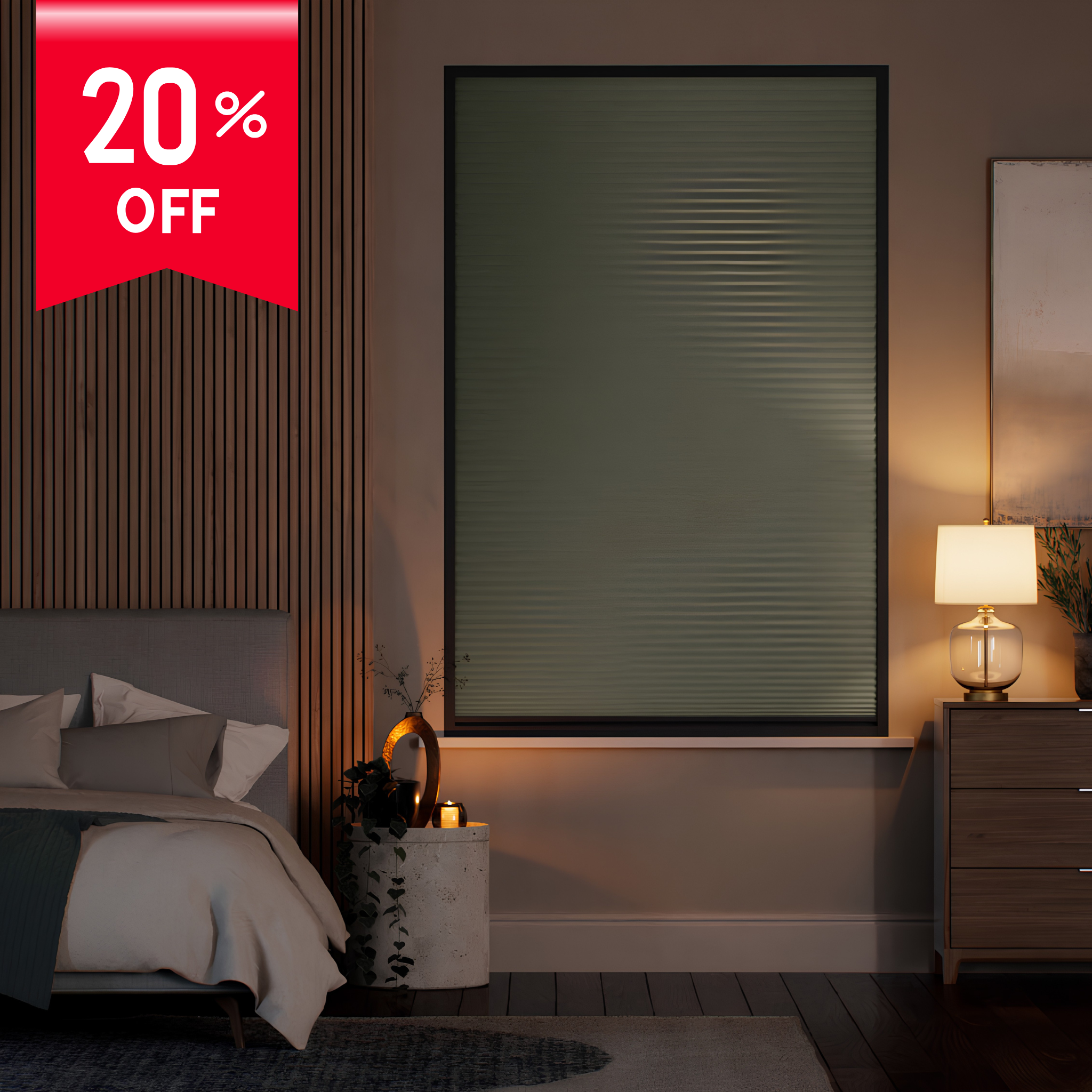 Modern bedroom with a window blind and 20% off sale banner.