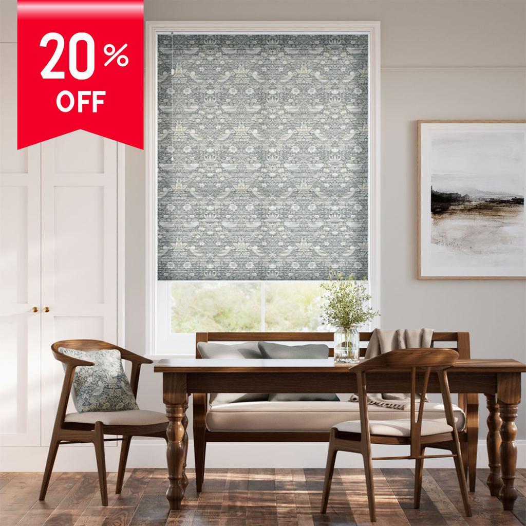 Dining room with wooden table and chairs, featuring a 20% off discount banner.