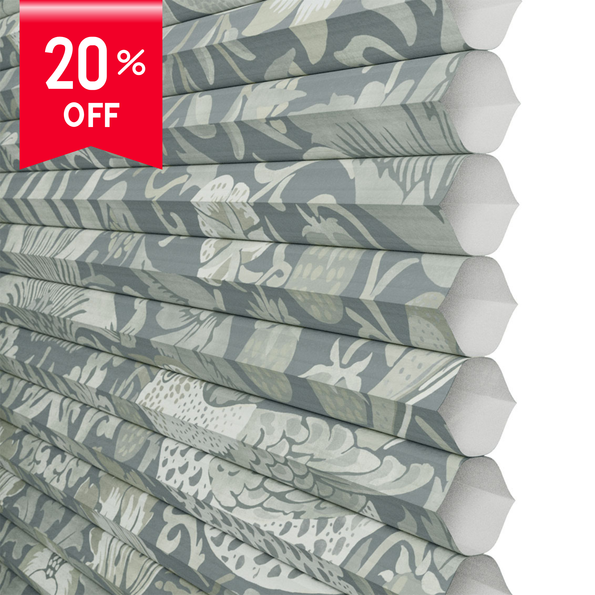 Stack of patterned boxes with a 20% off label on a white background
