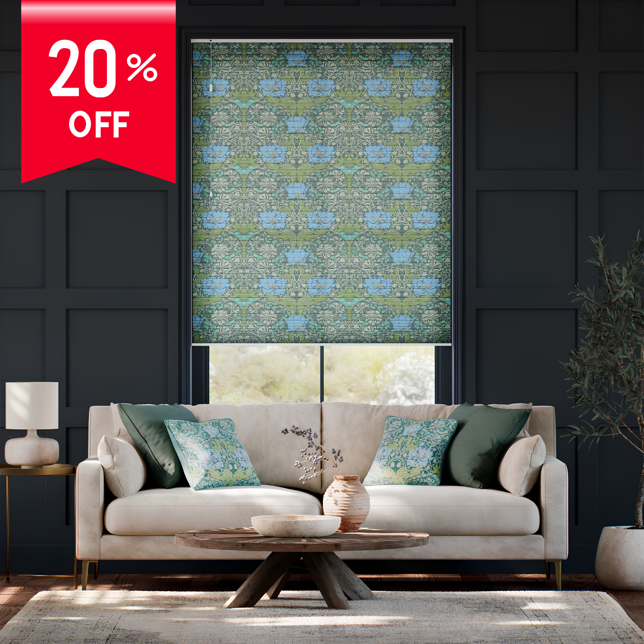 Living room with a beige sofa, decorative pillows, and a patterned roller blind with a 20% off label.
