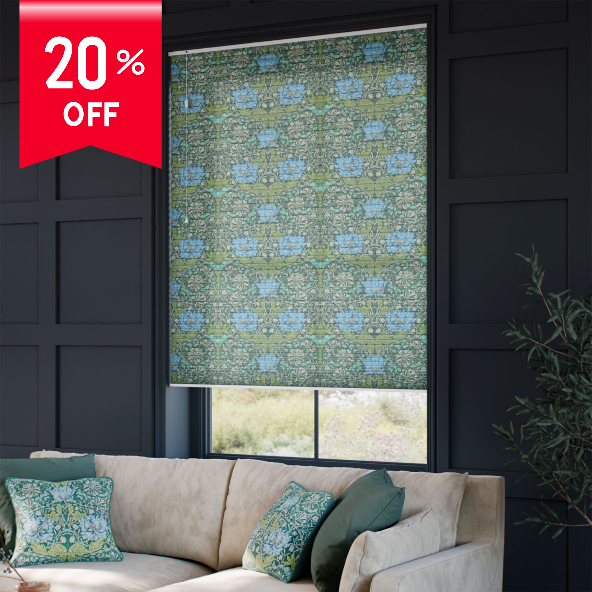 Patterned roller blind in a room with a sofa and decorative pillows, featuring a 20% off banner.