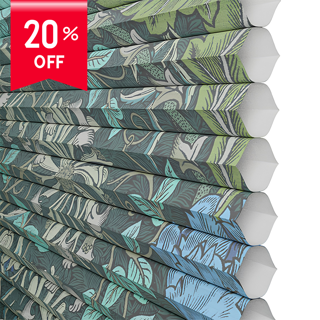 Stack of patterned paper with a 20% off label on a white background