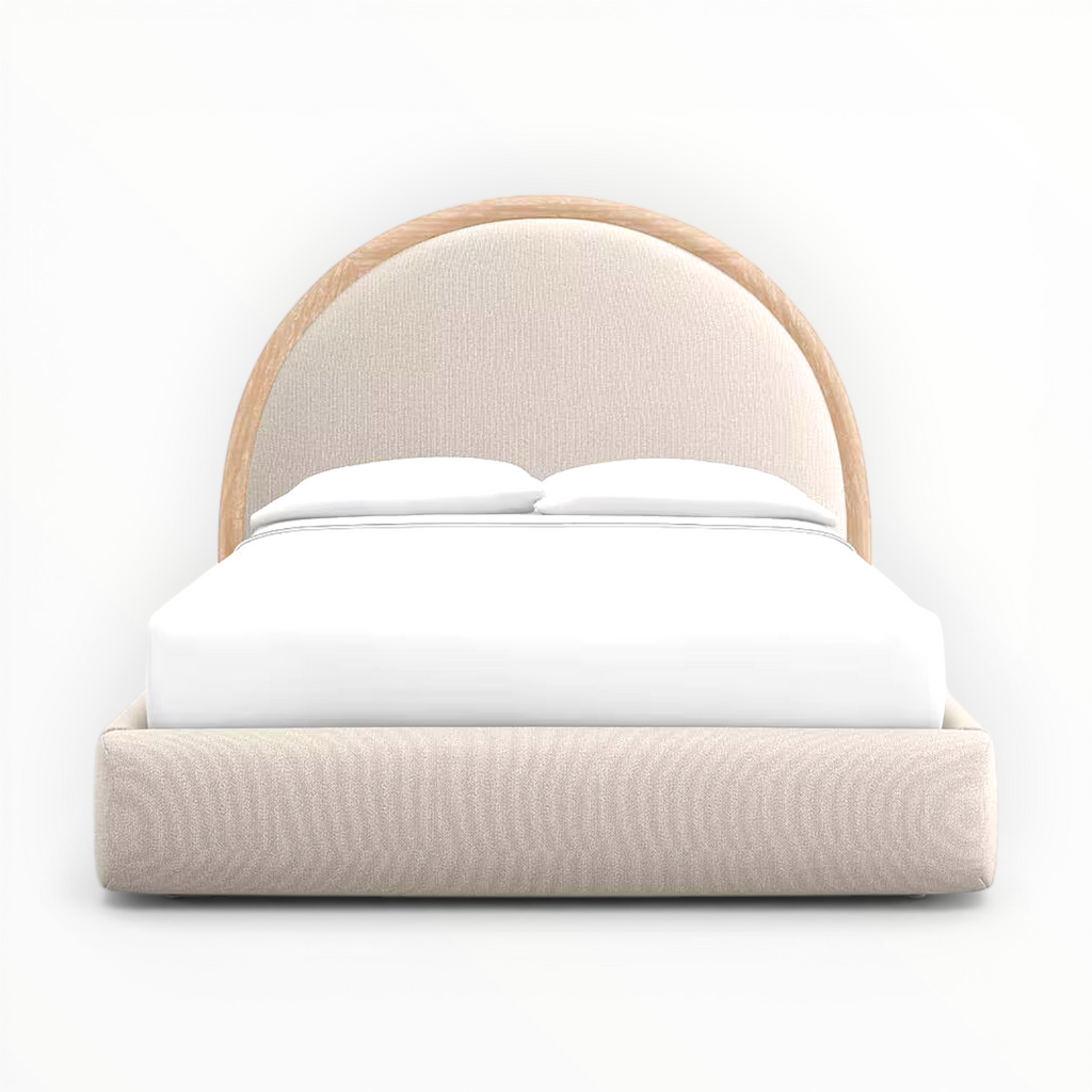 Modern bed with wooden headboard and white bedding on a white background