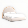 Beige bed with wooden arch headboard on a white background