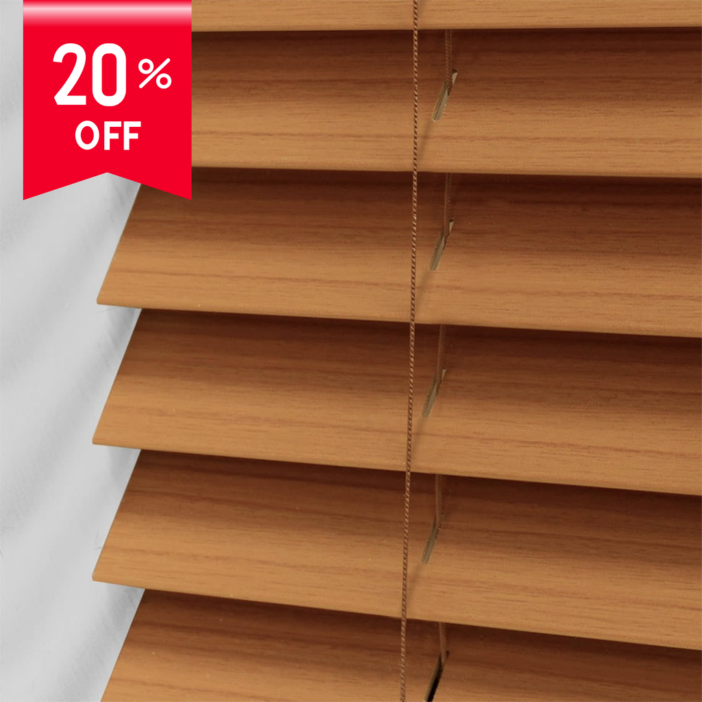 Wooden blinds with a 20% off discount label on a white background