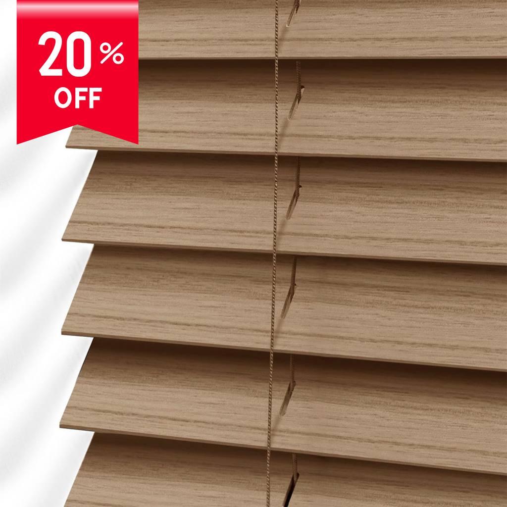 Wooden blinds with a 20% off discount label on a white background