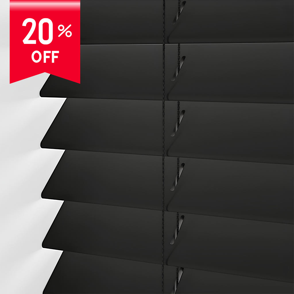 Black wooden blinds with a 20% off red banner on a white background
