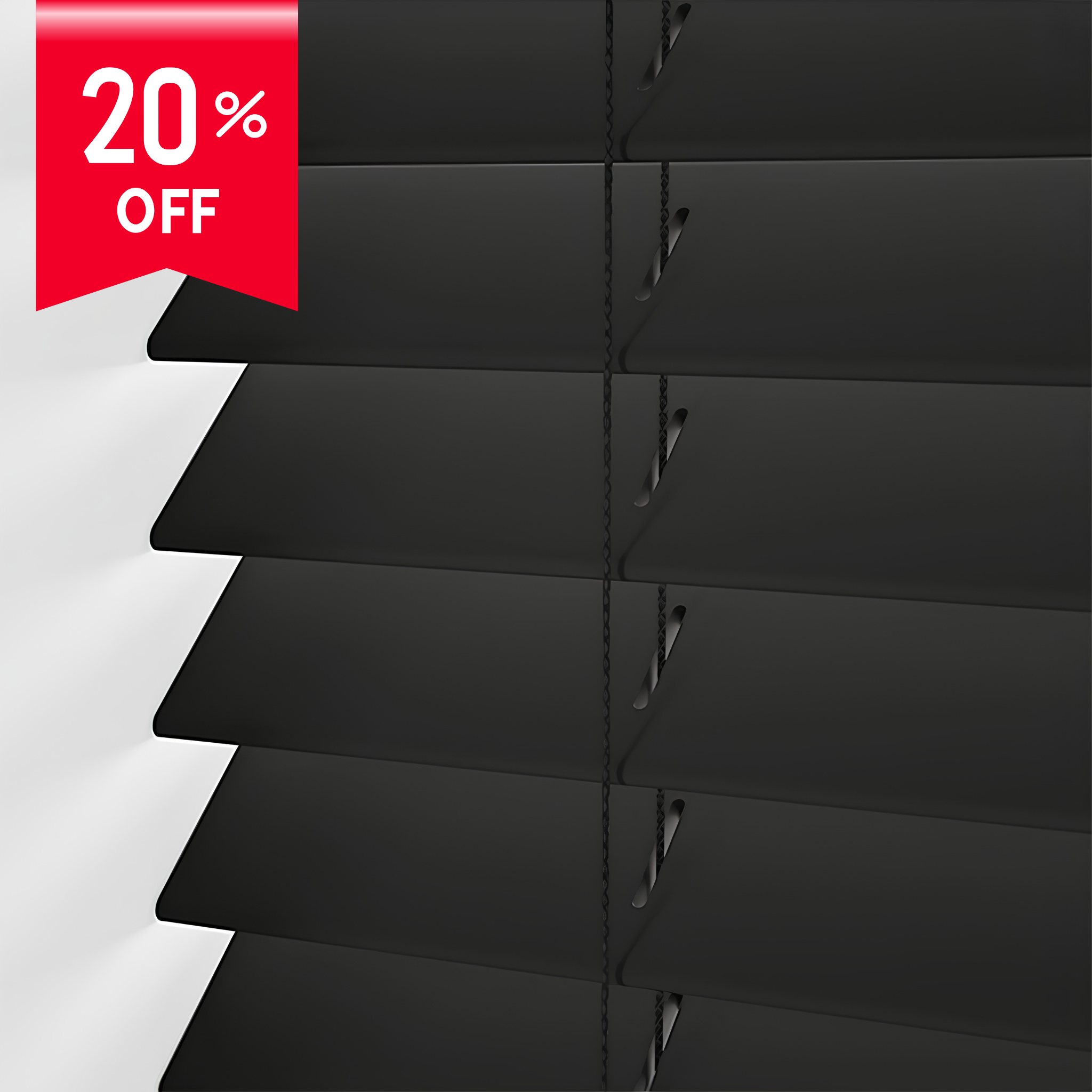 Black wooden blinds with a 20% off red banner on a white background