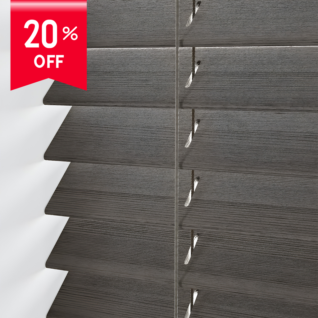 Wooden blind with a 20% off label on a white background