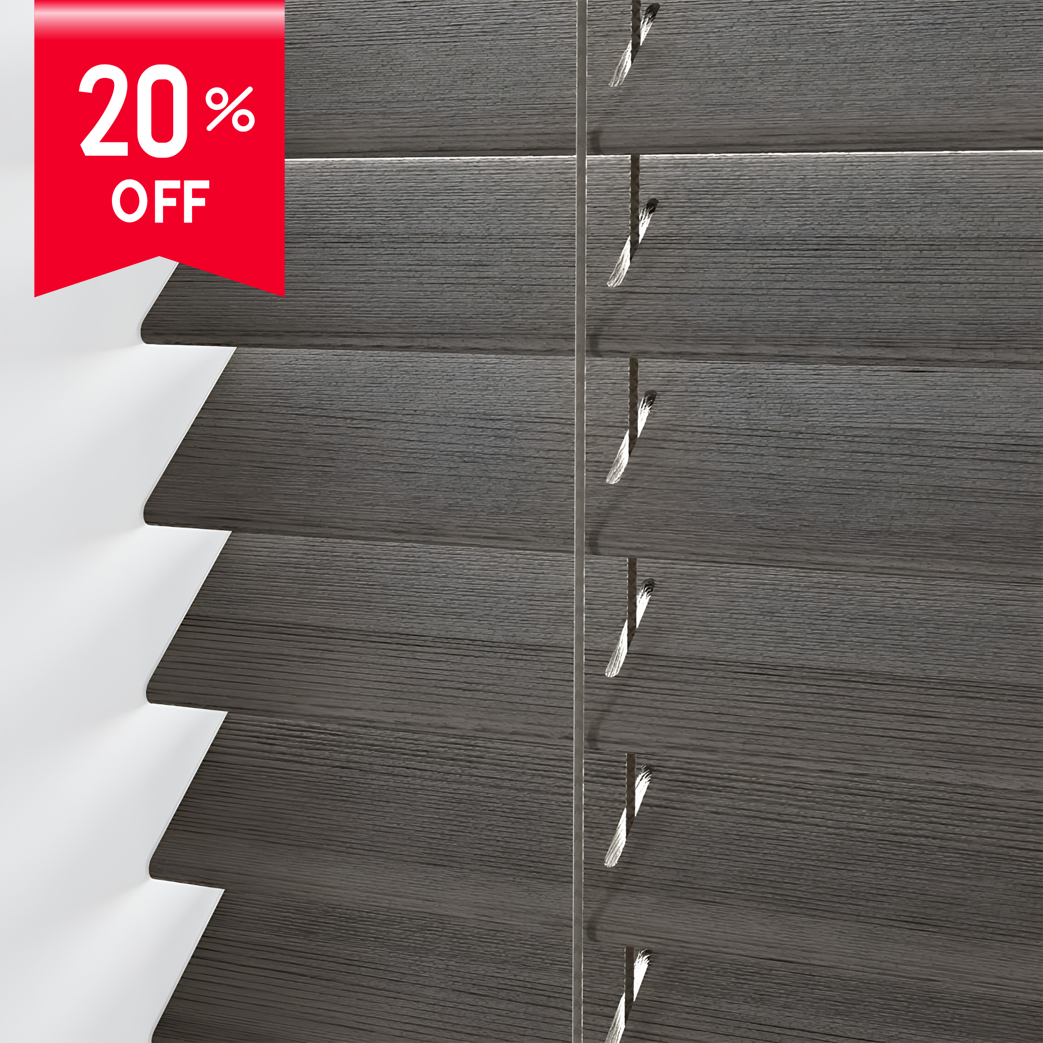 Wooden blind with a 20% off label on a white background