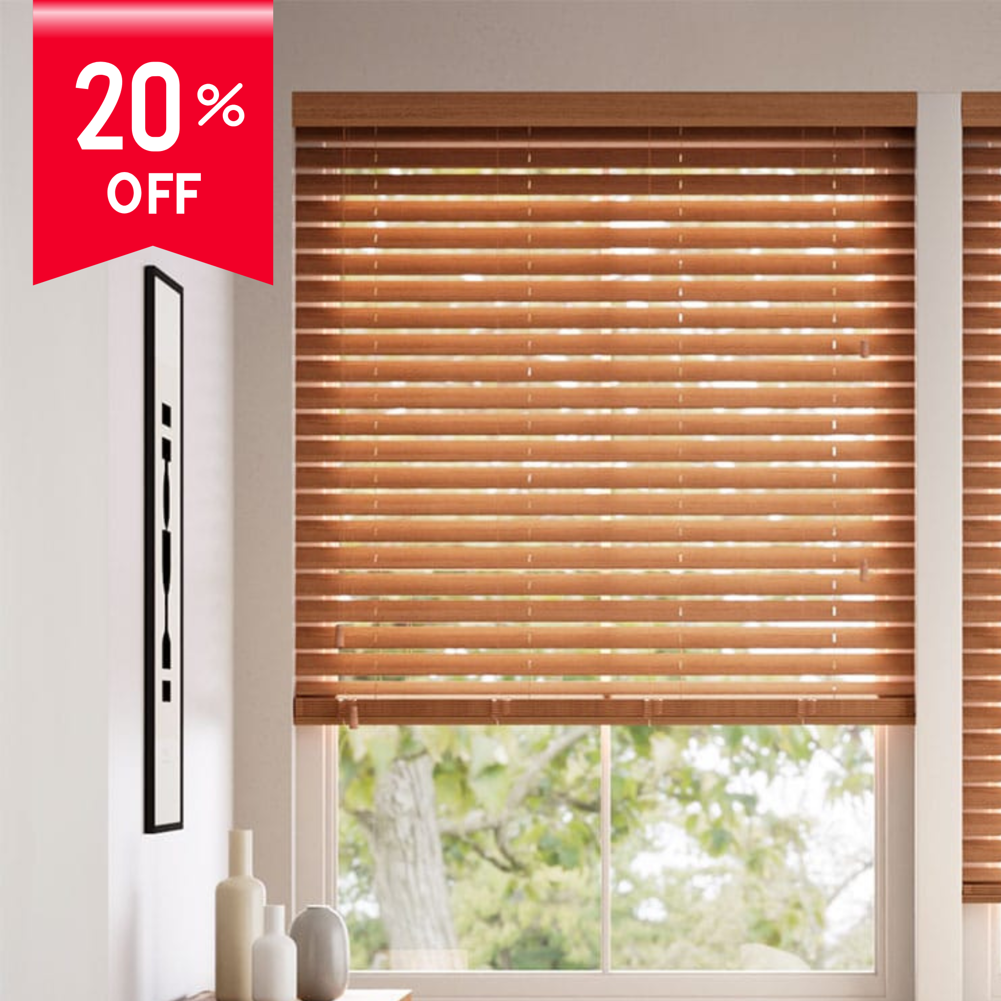 Wooden blinds with a 20% off label on a white wall
