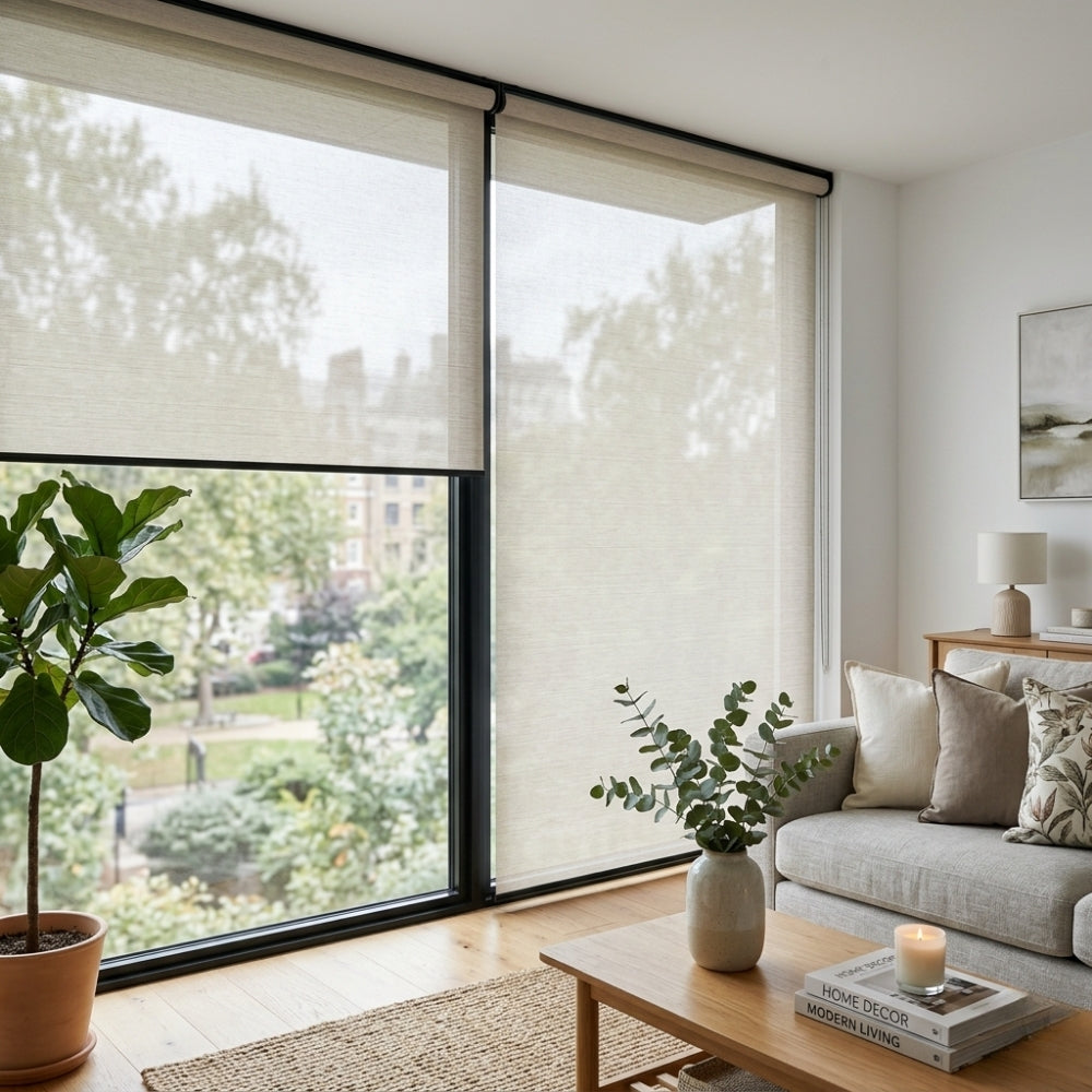 Modern living room with large windows, plants, and a sofa.