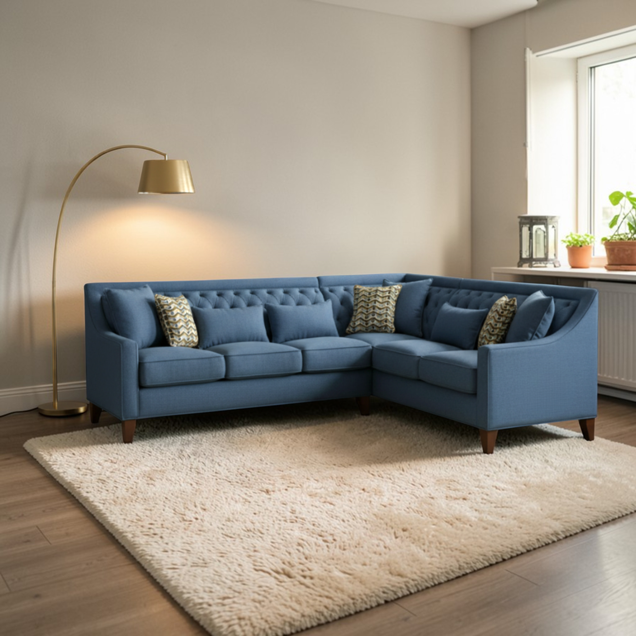 Blue sectional sofa in a living room with a lamp and window in the background.