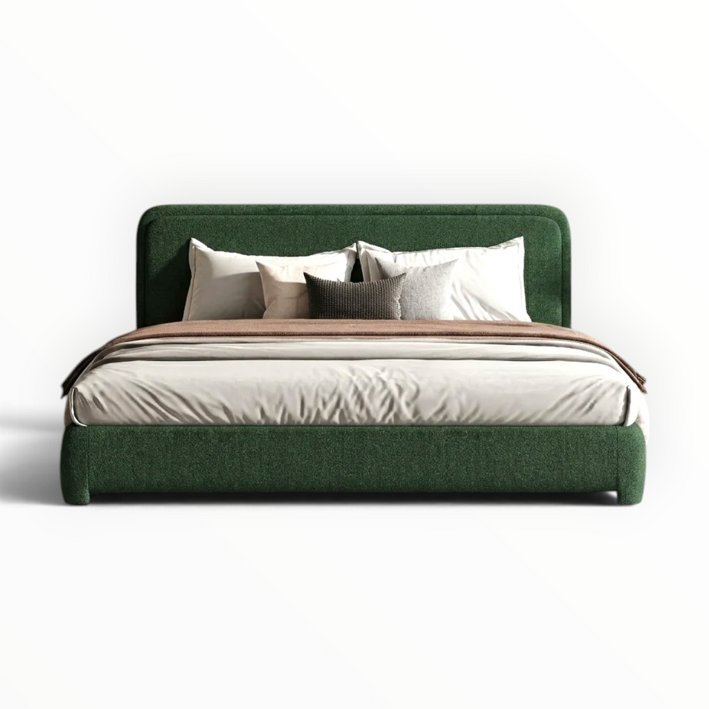 Jade Bouclé Upholstered Platform Bed close-up showing soft rounded corners and forest green bouclé fabric — Woodkraft Studio Hyderabad