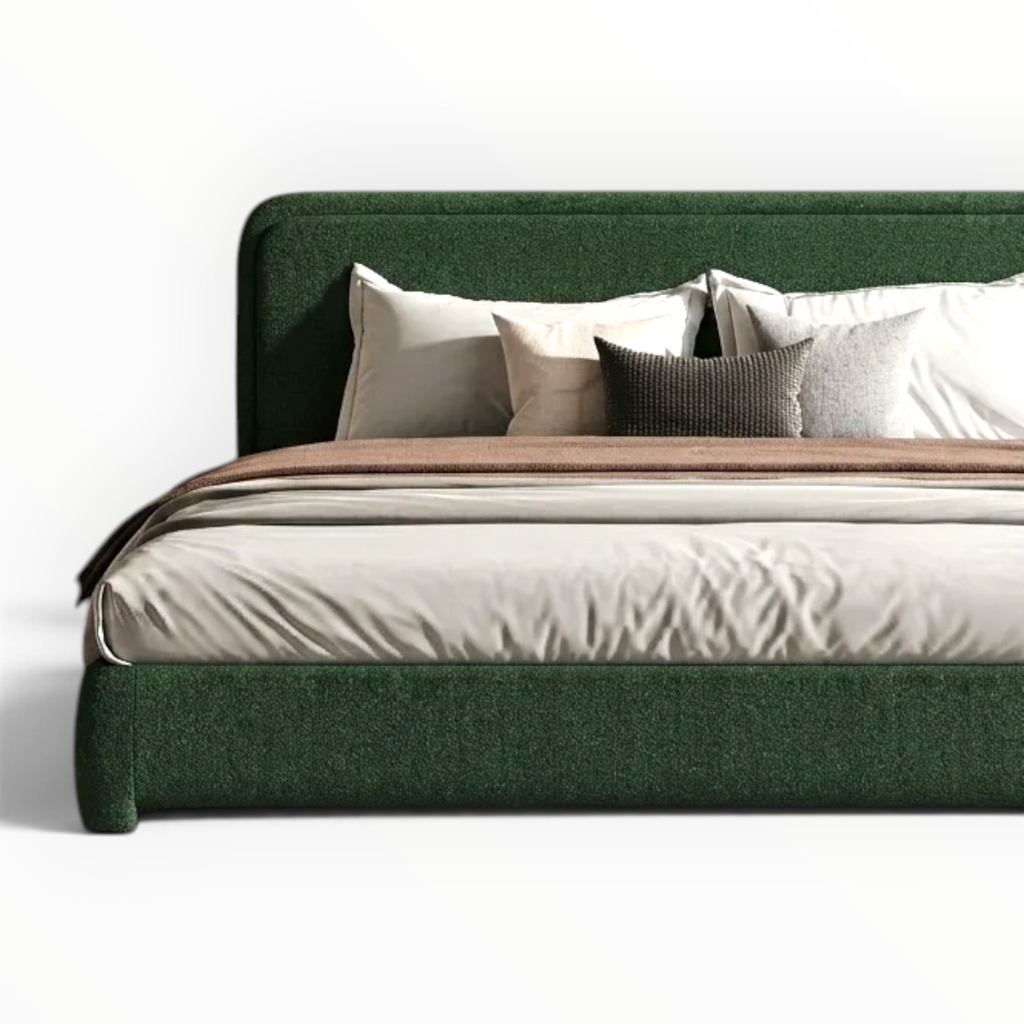 Jade Bouclé Platform Bed front view — King size upholstered bed in forest green with wrap-around headboard, no box spring required — Woodkraft Studio