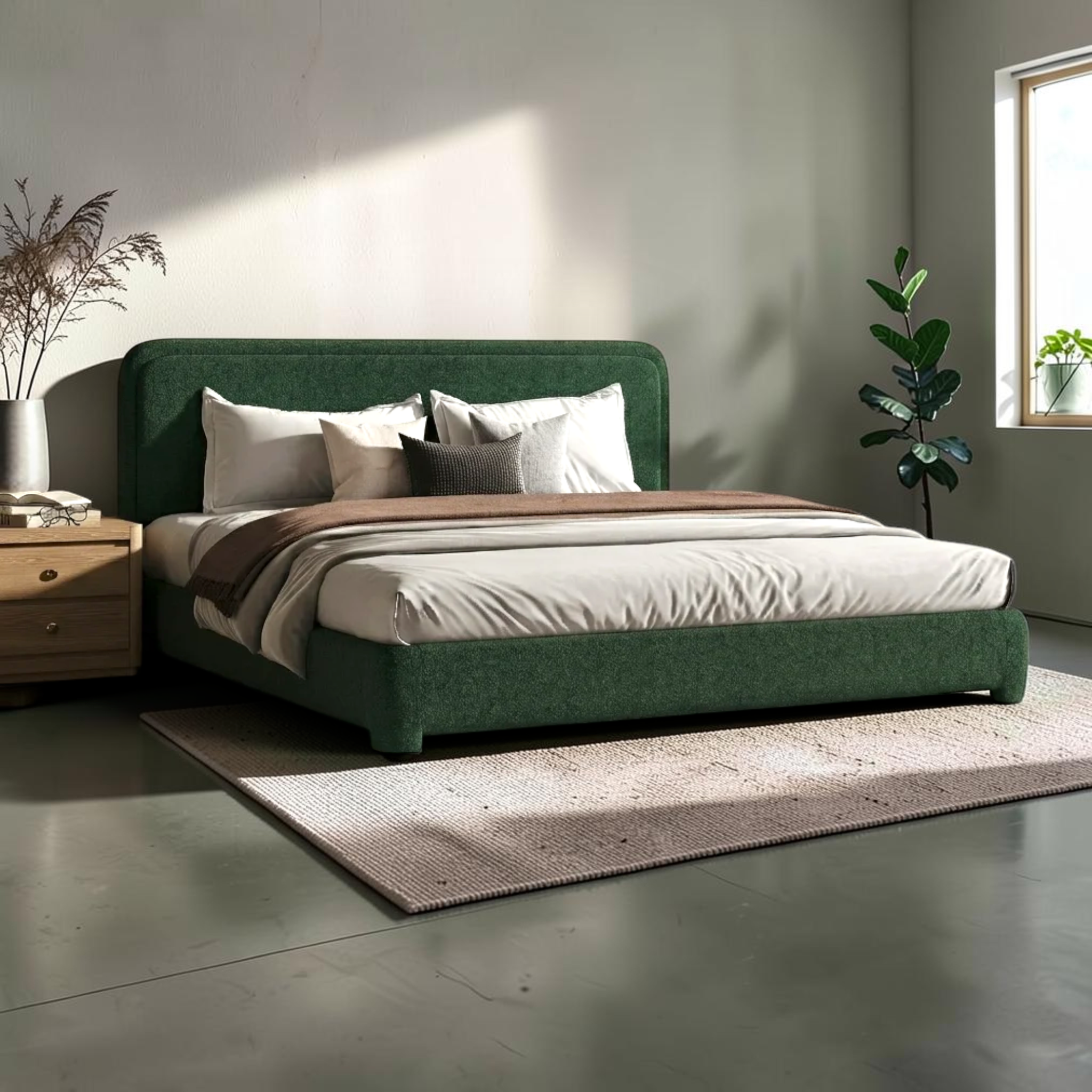 Jade Bouclé Bed styled in a modern bedroom with wooden side table and indoor plants — customisable upholstered bed made to order in Hyderabad