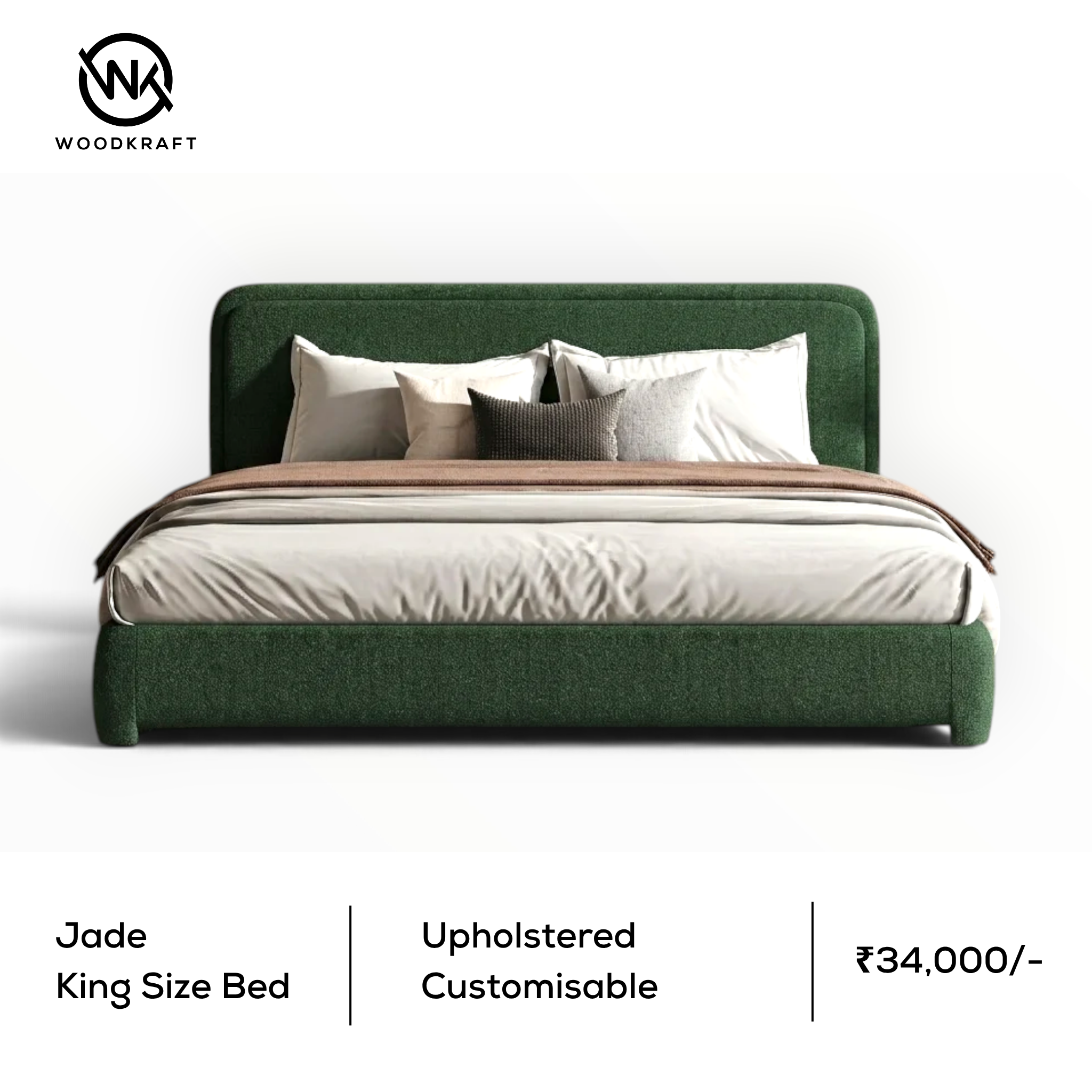 Jade Bouclé Upholstered Platform Bed | King & Queen Size | Custom Fabric | Woodkraft Studio