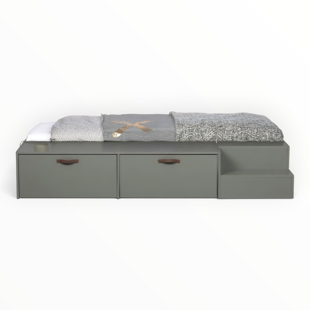 Kiddo storage bed for kids in sage green deco paint – front view showing 2 drawers with leather strap handles and built-in step unit – Woodkraft Studio Hyderabad