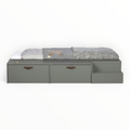 Kiddo storage bed for kids in sage green deco paint – front view showing 2 drawers with leather strap handles and built-in step unit – Woodkraft Studio Hyderabad