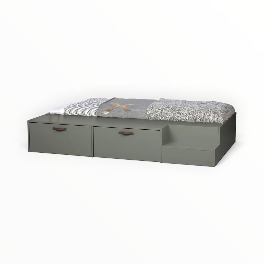 Kiddo single kids bed with 2 under-bed drawers and step unit – angled side view in grey deco paint with leather strap handles – Woodkraft Studio Hyderabad