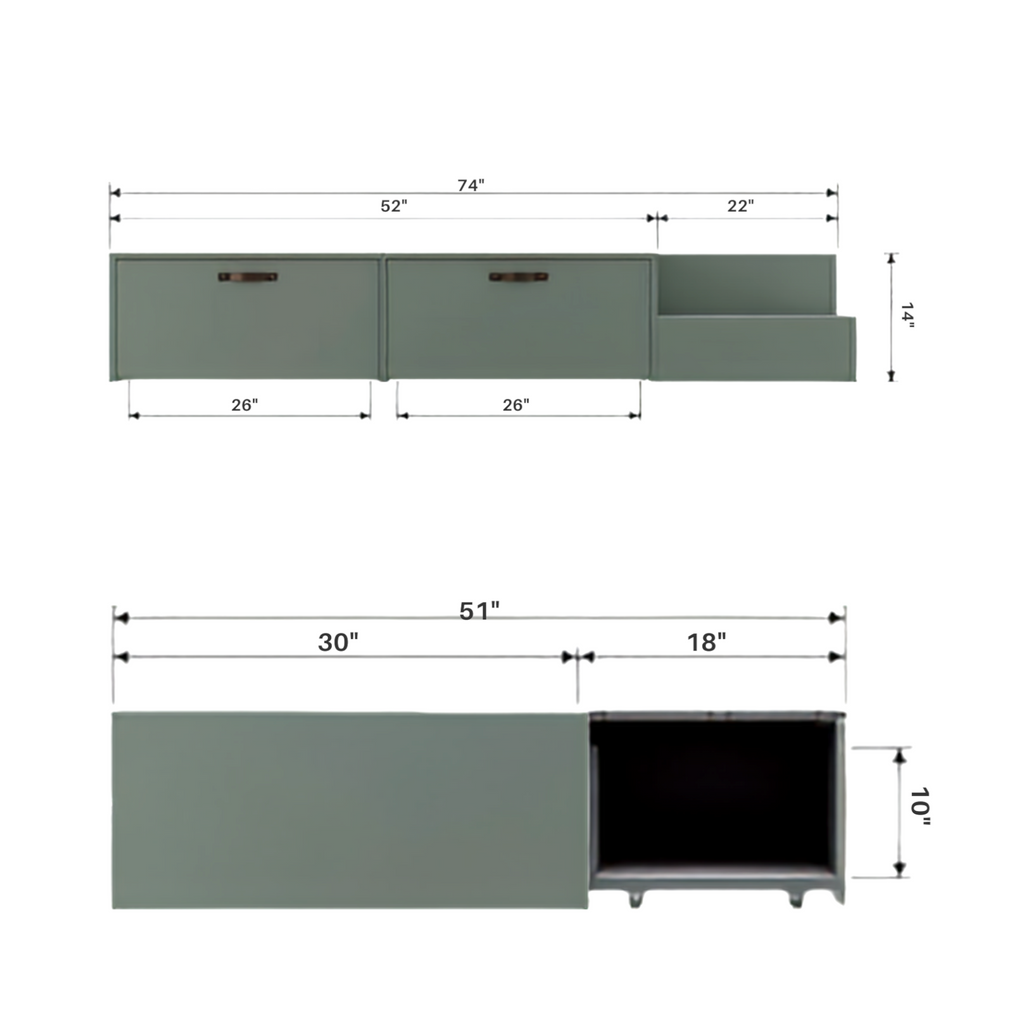 Kiddo storage bed dimensions diagram – 74 inch length, 51 inch width, 14 inch height, drawer depth 18 inches – Woodkraft Studio Hyderabad