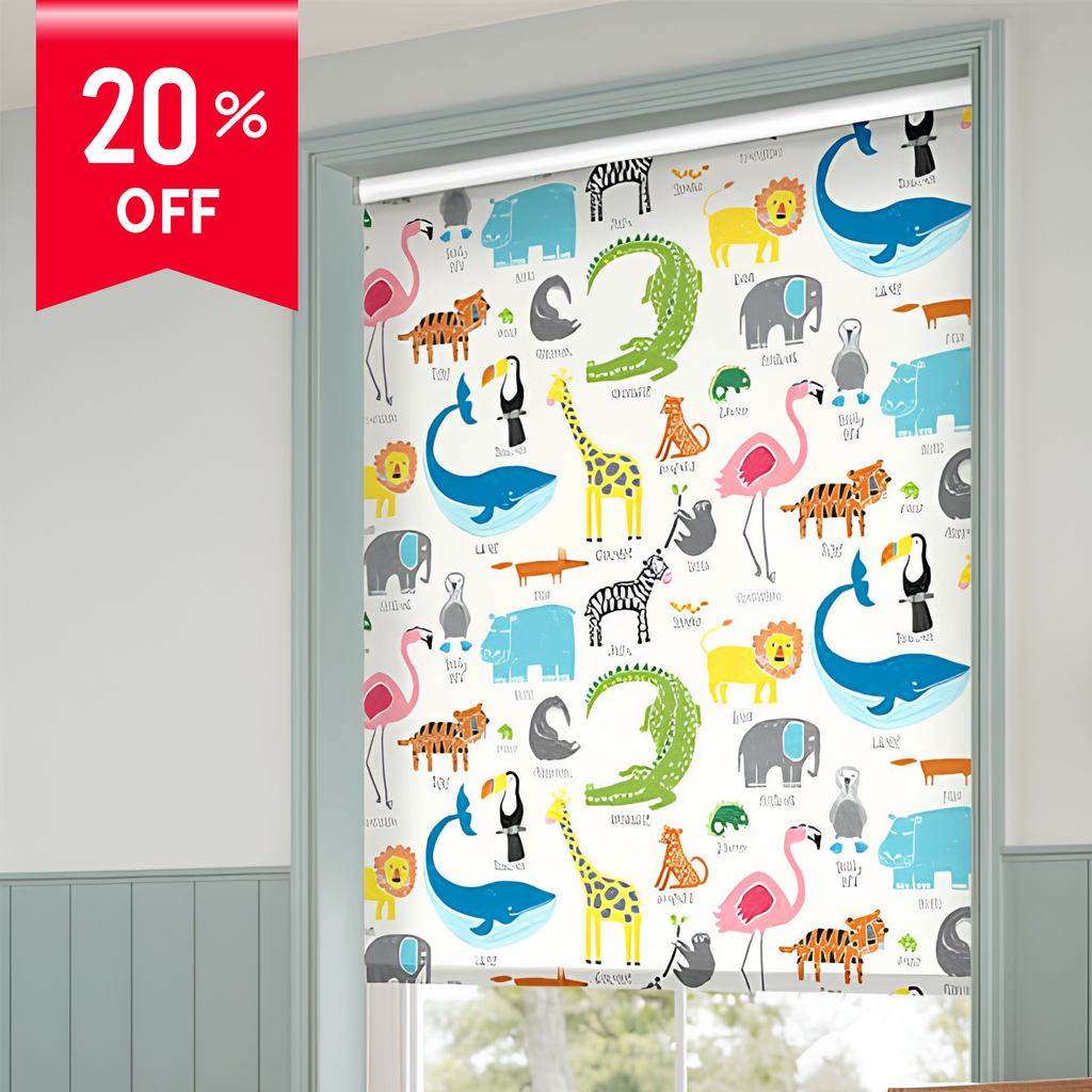 Window blind with colorful animal pattern and 20% off label on a gray wall.