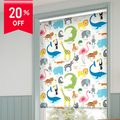 Window blind with colorful animal pattern and 20% off label on a gray wall.