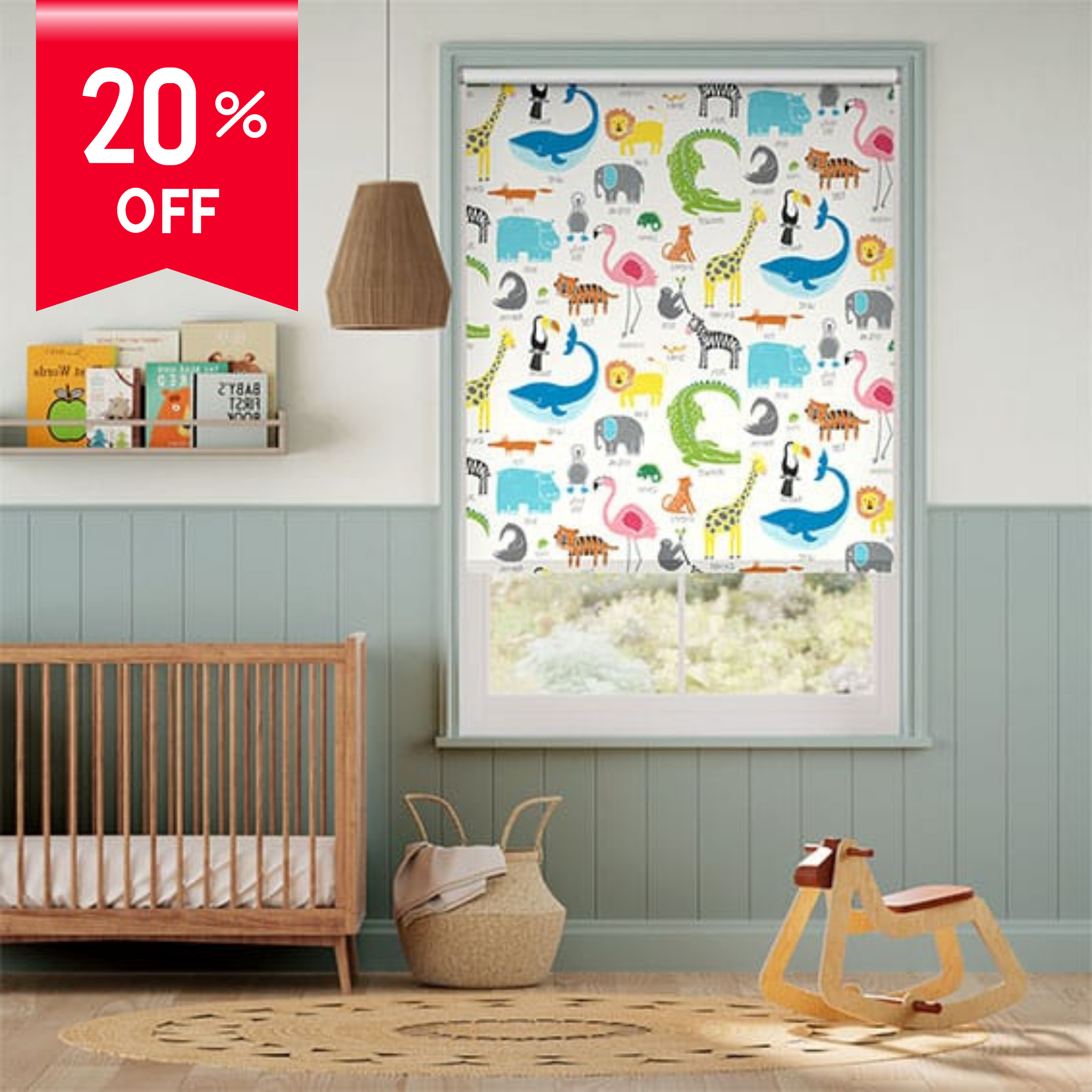 Nursery room with a colorful animal-patterned blind, wooden crib, and toys.