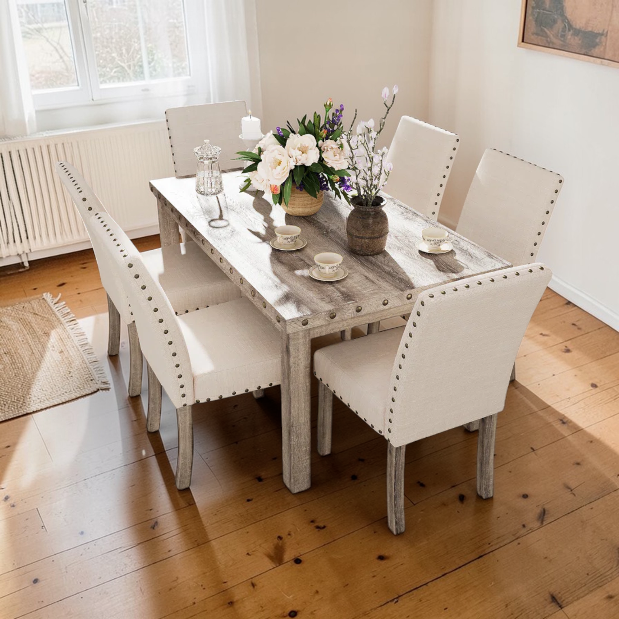 Kingston 7-Piece Dining Set | Teakwood & Marble Top | 6 Seater
